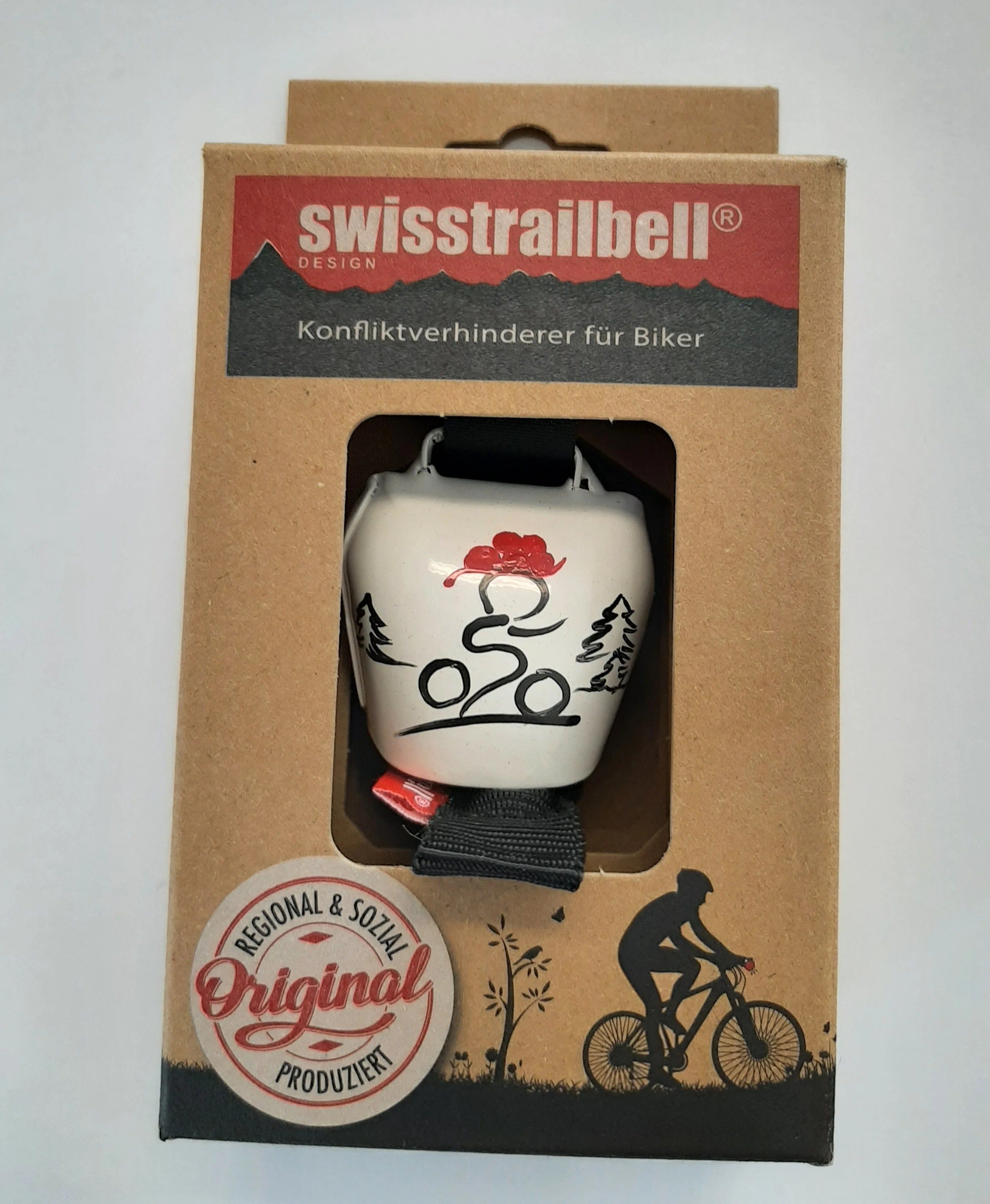 Fahrradglocke swisstrailbell® in Verpackung mit Schweizer Qualitätslabel.