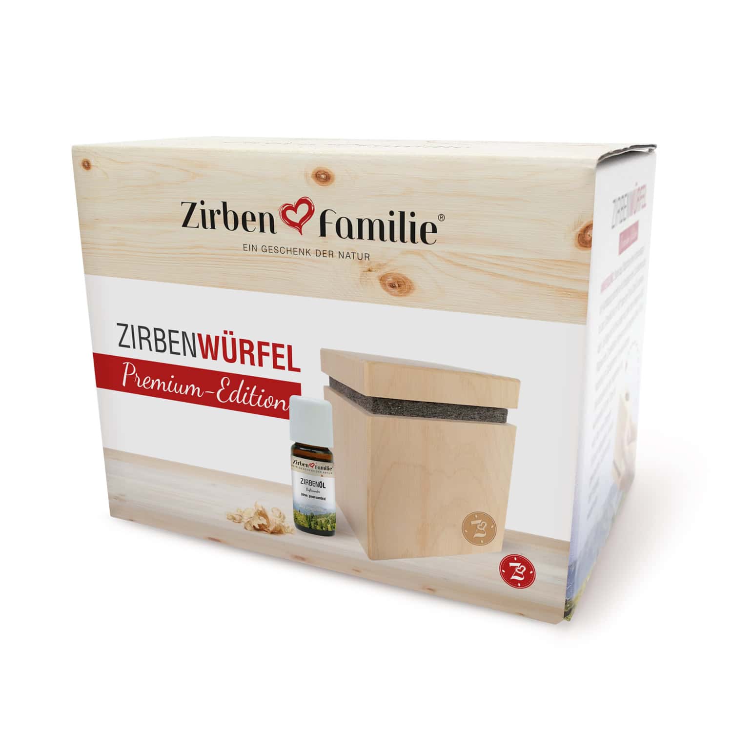 Verpackung des Zirbenwürfel-Set Premium-Edition auf weißem Hintergrund