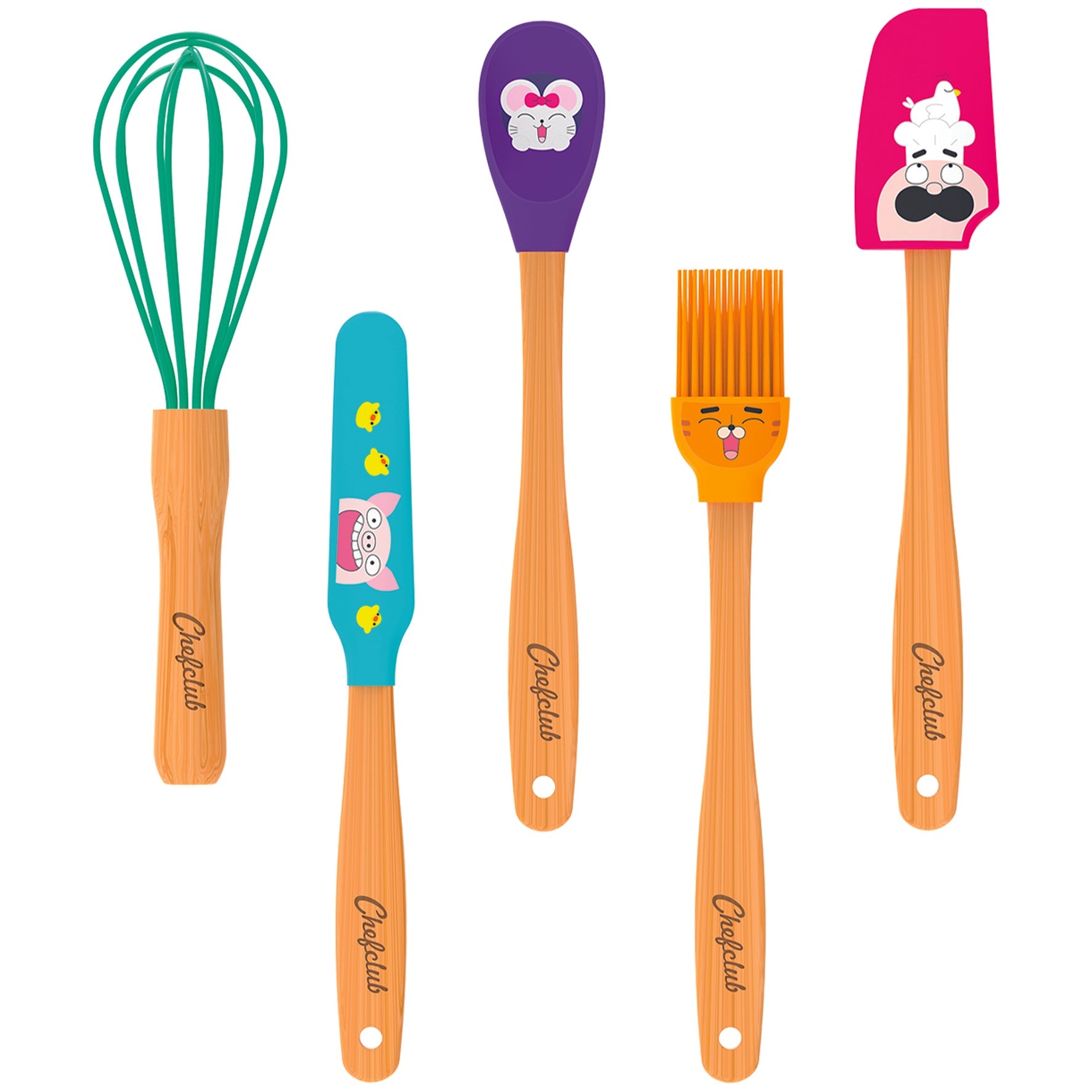 5 Utensilien für die Küche, für Kinder konzipiert: 1 Schneebesen, 1 Spatel, 1Schaber, 1 Pinsel,  1 Löffel