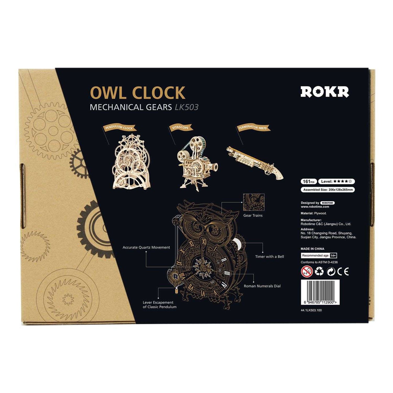 Die Box enthält ein 3D-Holzpuzzle, das Eulen Puzzle von ROKR, einen faszinierenden mechanischen Eulenuhr-Modellbausatz mit Räderwerk, Quarz-Uhrenwerk und römischem Ziffernblatt. Die braune Verpackung ist mit Schwarz-Weiß-Illustrationen der komplizierten Uhrkomponenten verziert.
