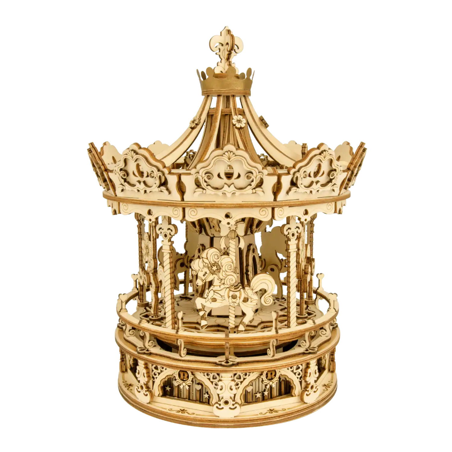 Das 3D-Holzpuzzle Karussell ist ein bewegliches Holzpuzzle mit Musik, das mit filigranen Dach- und Seitendesigns und einer Pferdefigur in der Mitte überzeugt. Mit seinen kunstvollen Mustern und eleganten Ausschnitten ist es perfekt für alle Heimwerker-Fans.