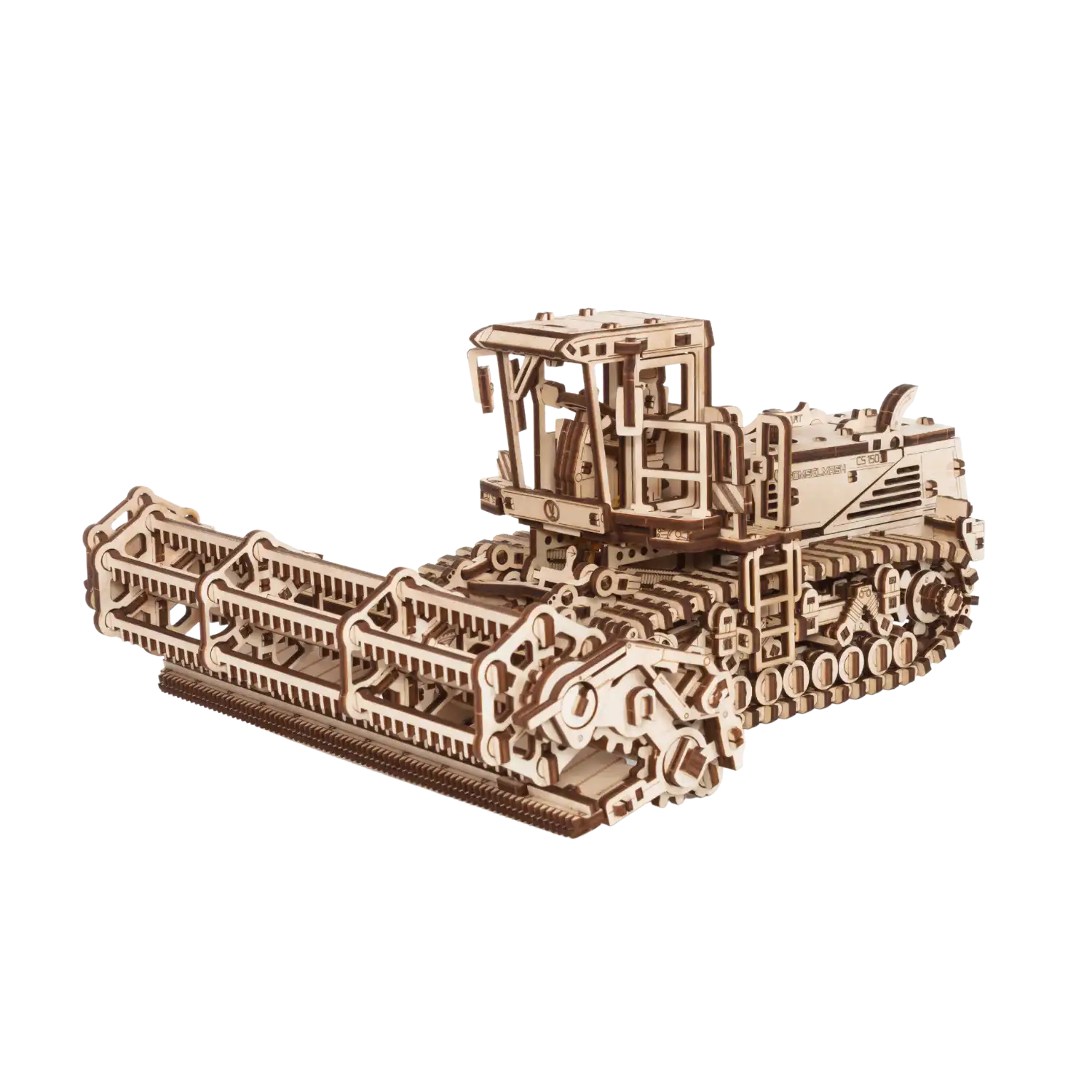 3D-Holzpuzzle Mähdrescher: Ein hölzernes Modell mit beweglichen Zahnrädern.