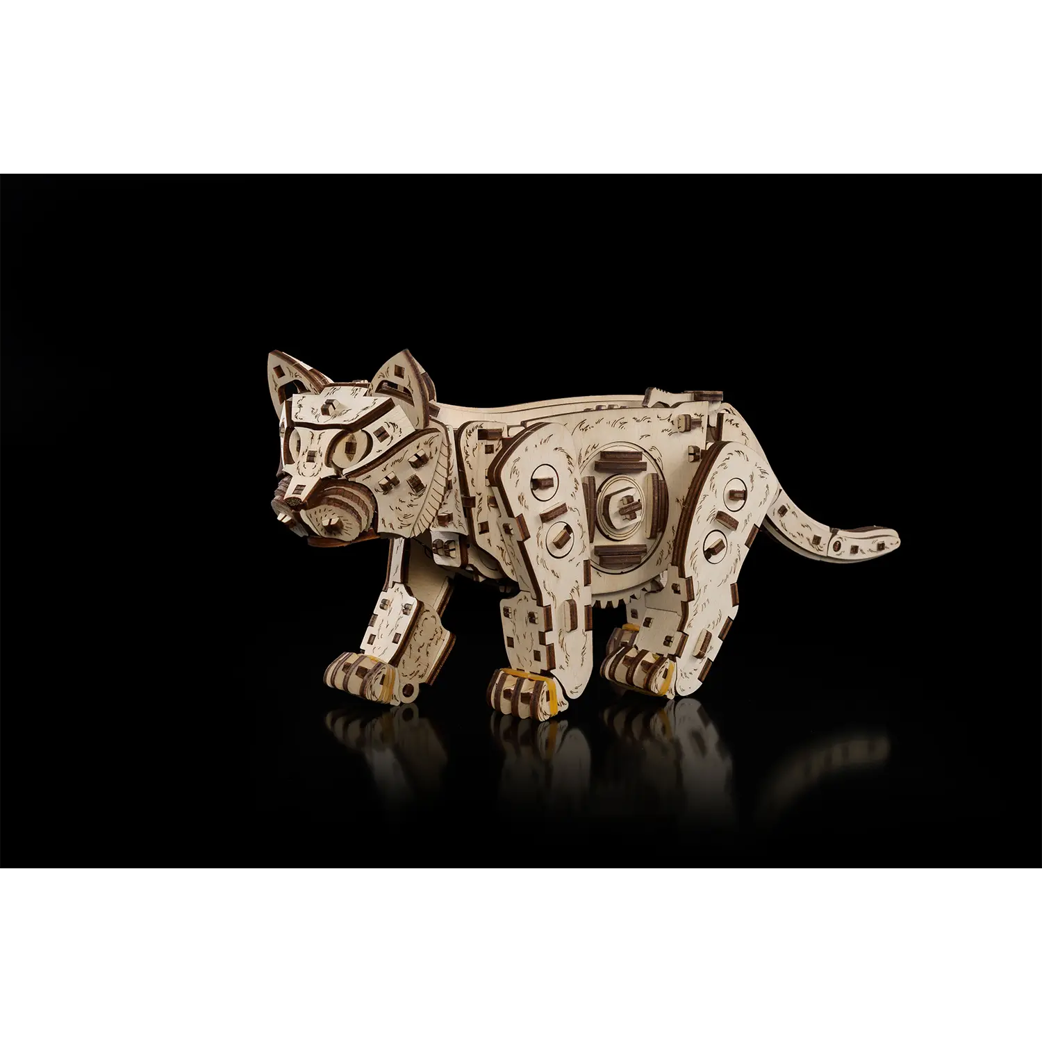 3D-Holzpuzzle Mechanische Katze, natur - Modellbau mit Zahnrädern.