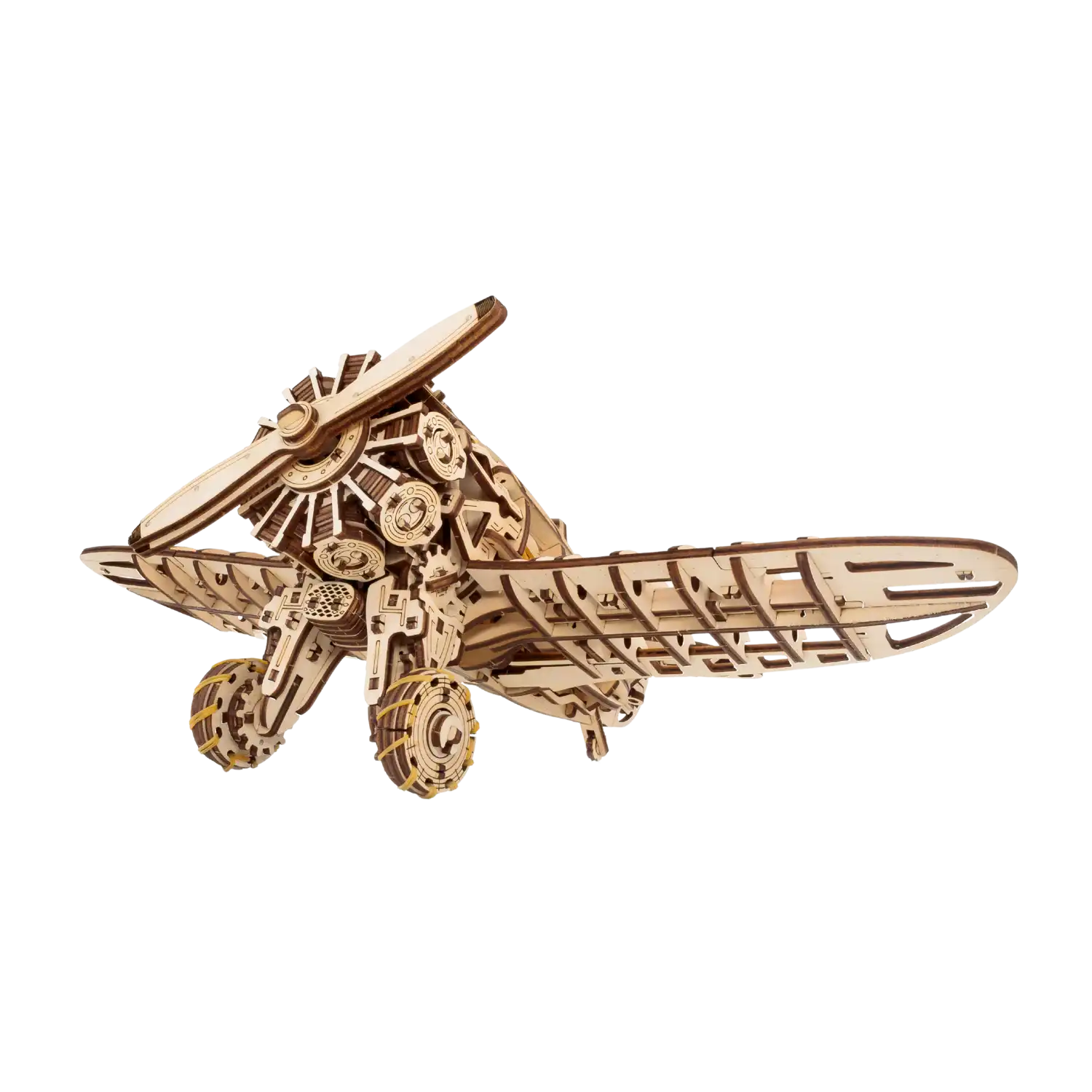 Das 3D-Holzpuzzle Flugzeug ist ein mechanisches Holzmodell eines Doppeldeckers aus umweltfreundlichem Sperrholz mit komplizierten Zahnrädern und Details sowie sichtbaren Strukturelementen wie Flügeln, Propeller und Rädern, die außergewöhnliche Handwerkskunst und Ingenieurskunst demonstrieren.