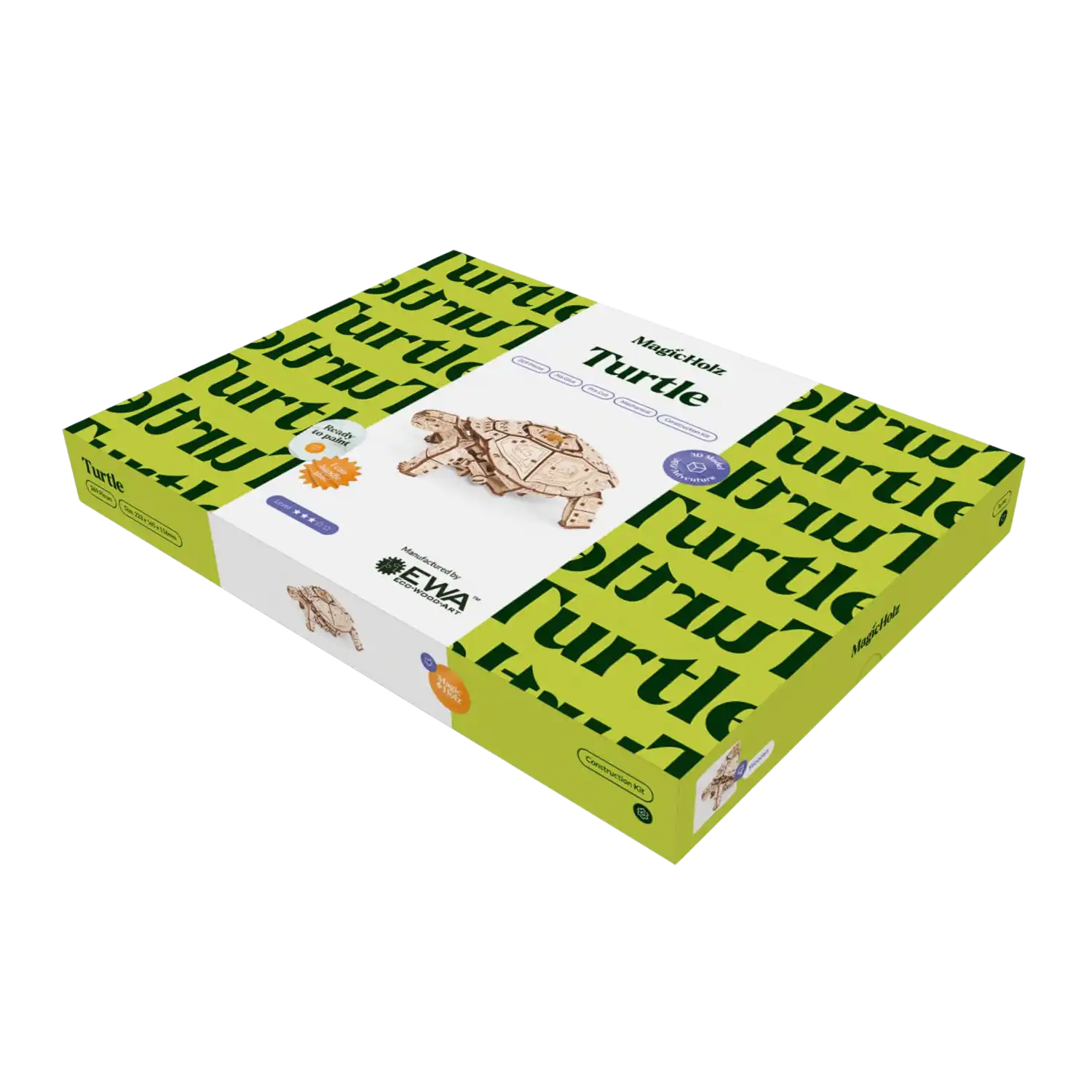 Auf der Schachtel des 3D-Holzpuzzles „Mechanische Schildkröte“ steht „Schildkröte“ in kräftigen grünen Buchstaben, ein Foto des zusammengebauten Modells und weitere Produktdetails auf einem sauberen weißen Hintergrund.