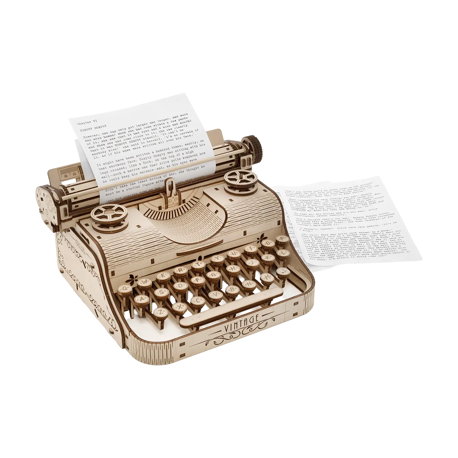 3D-Holzpuzzle Schreibmaschine neben Papier, wie ein Flex-Container-Display.