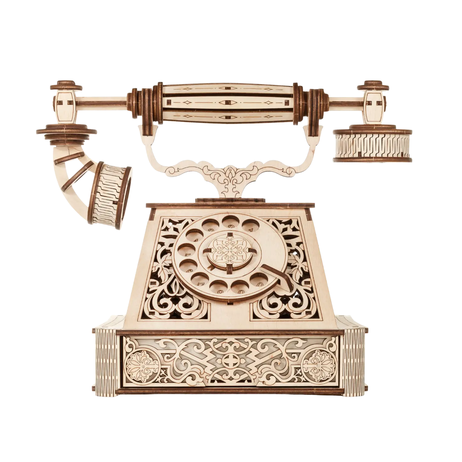 Aufwändig geschnitztes 3D-Holzpuzzle Retro Telefon mit Flexbox-Container.