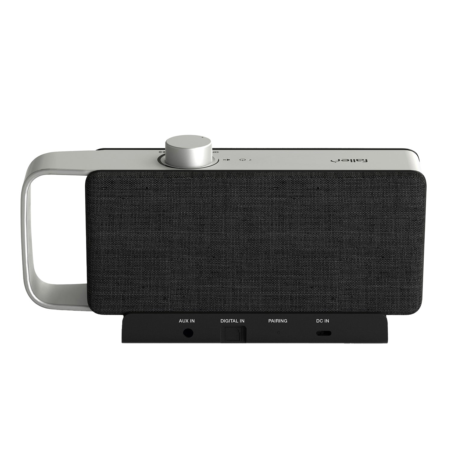 Der tragbare TV-Sprachverstärker Oskar ist ein eleganter, moderner tragbarer Lautsprecher mit rechteckiger schwarzer Front und silbernem Griff. Er verbessert die Klangqualität mit einem zentralen Drehregler, AUX-IN- und DIGITAL-IN-Anschlüssen sowie einer Pairing-Taste an der Unterseite. Ideal für jedes Audioerlebnis.