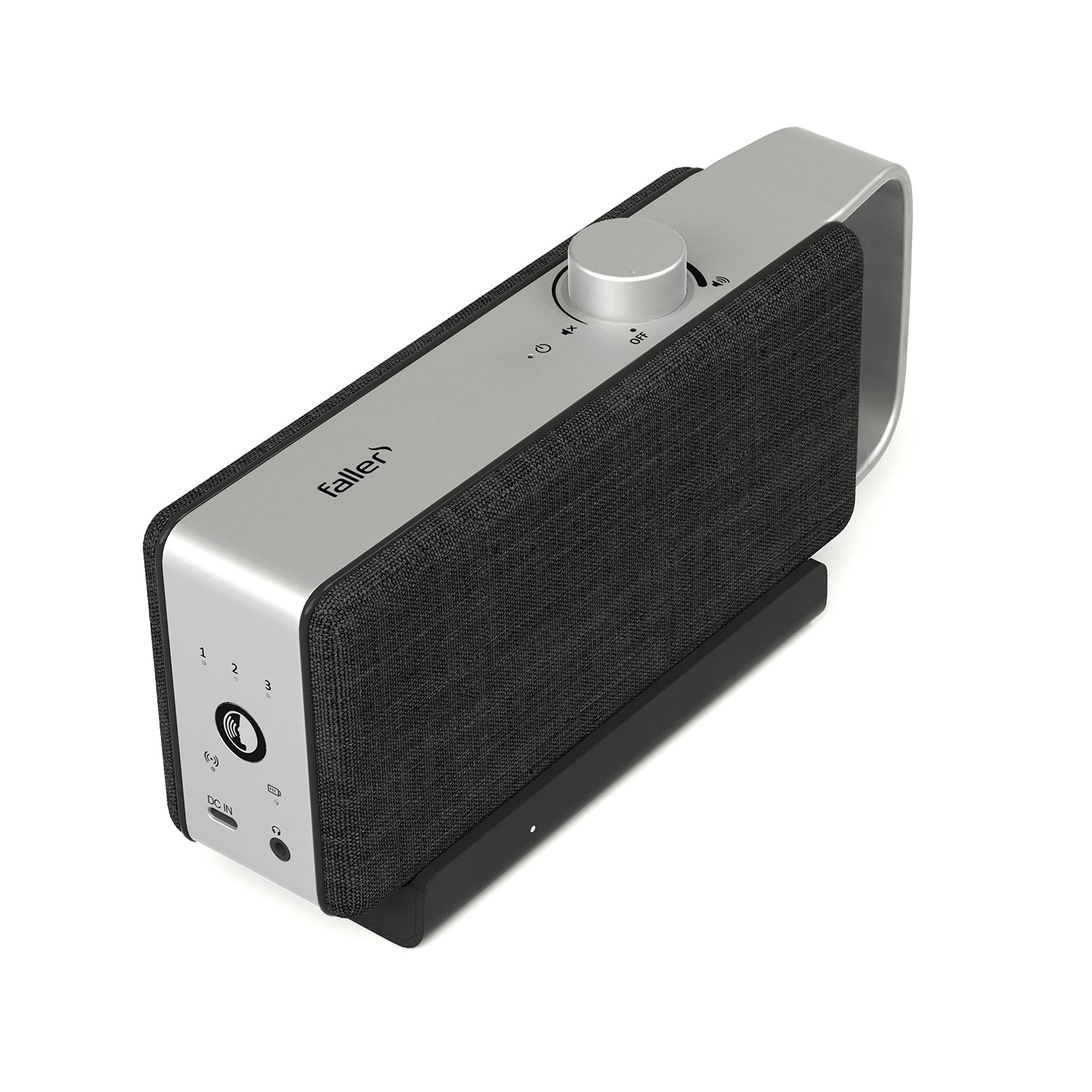 Der tragbare TV-Sprachverstärker Oskar ist ein eleganter, silber-schwarzer tragbarer Lautsprecher mit Stofffront. Er verbessert den Fernsehdialog mit Lautstärkeregler, Ein-/Ausschalter und seitlichen Eingangsanschlüssen. Das „Tallen“-Logo auf der Oberseite sorgt für hervorragende Klangqualität.