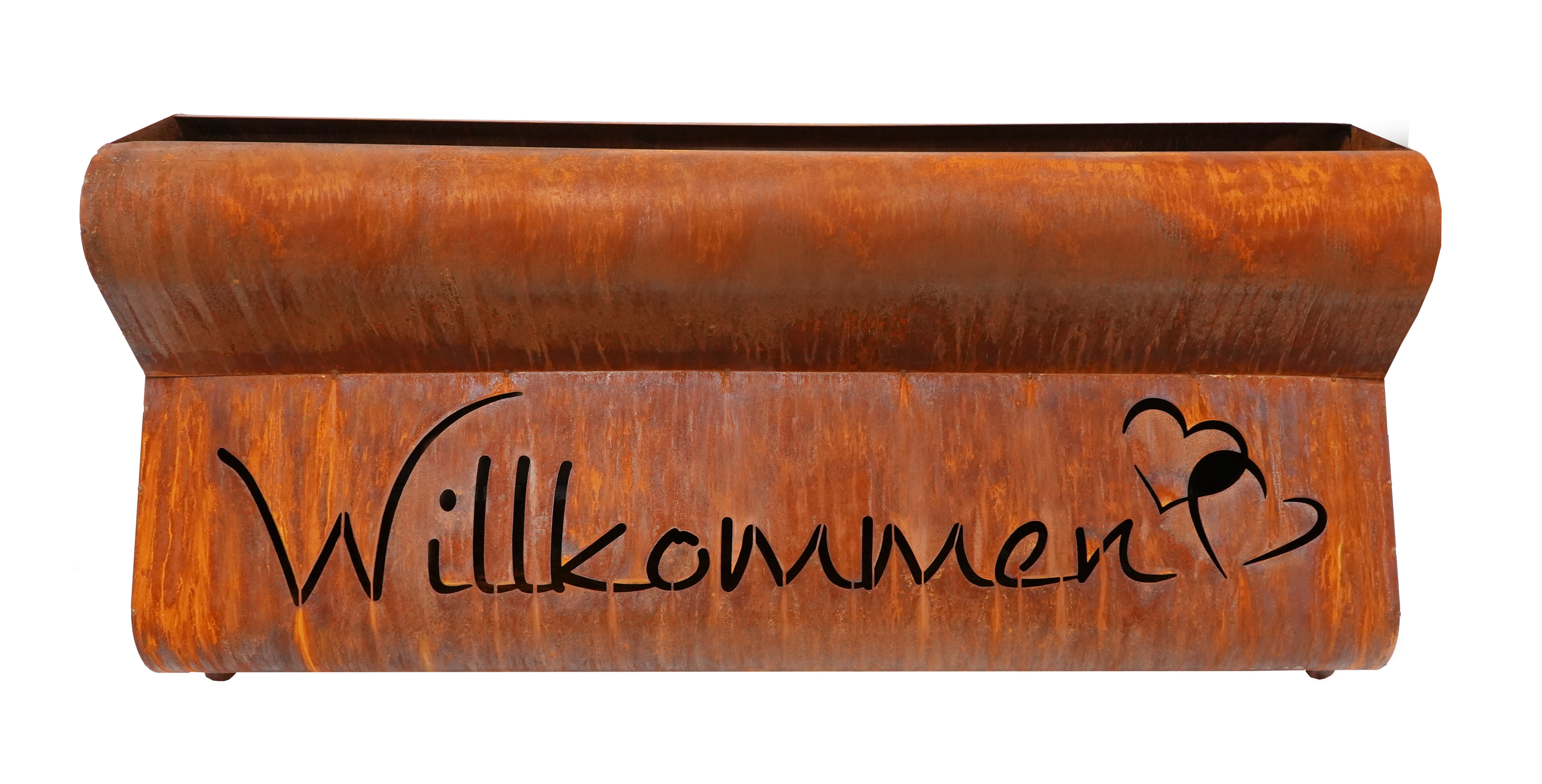 Leonos Edelrost Pflanzengefäß Bregenz Willkommen mit Blumenausschnitt vorne.