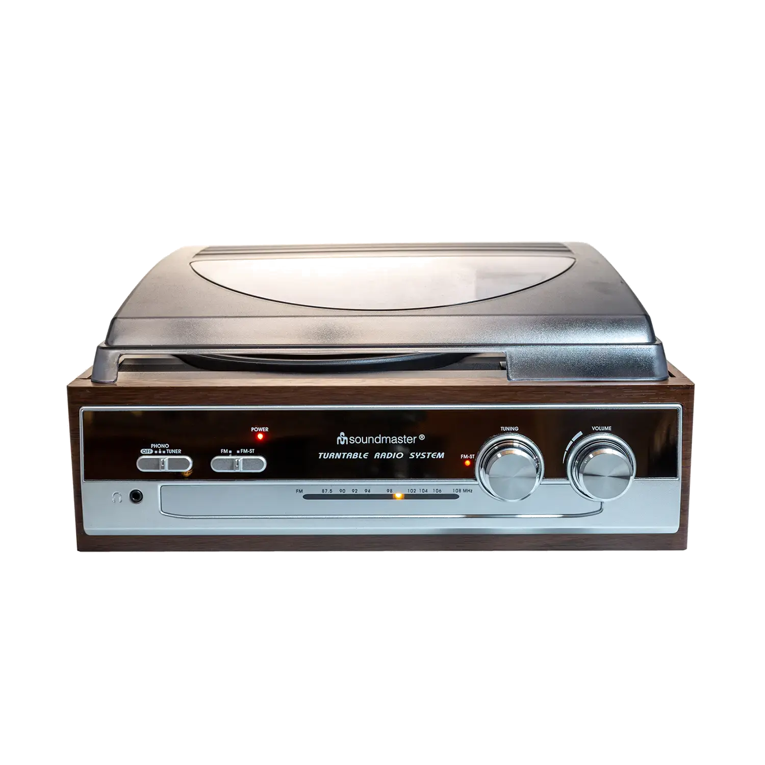 Retro Plattenspieler mit UKW Stereoradio und klarem Staubschutz.