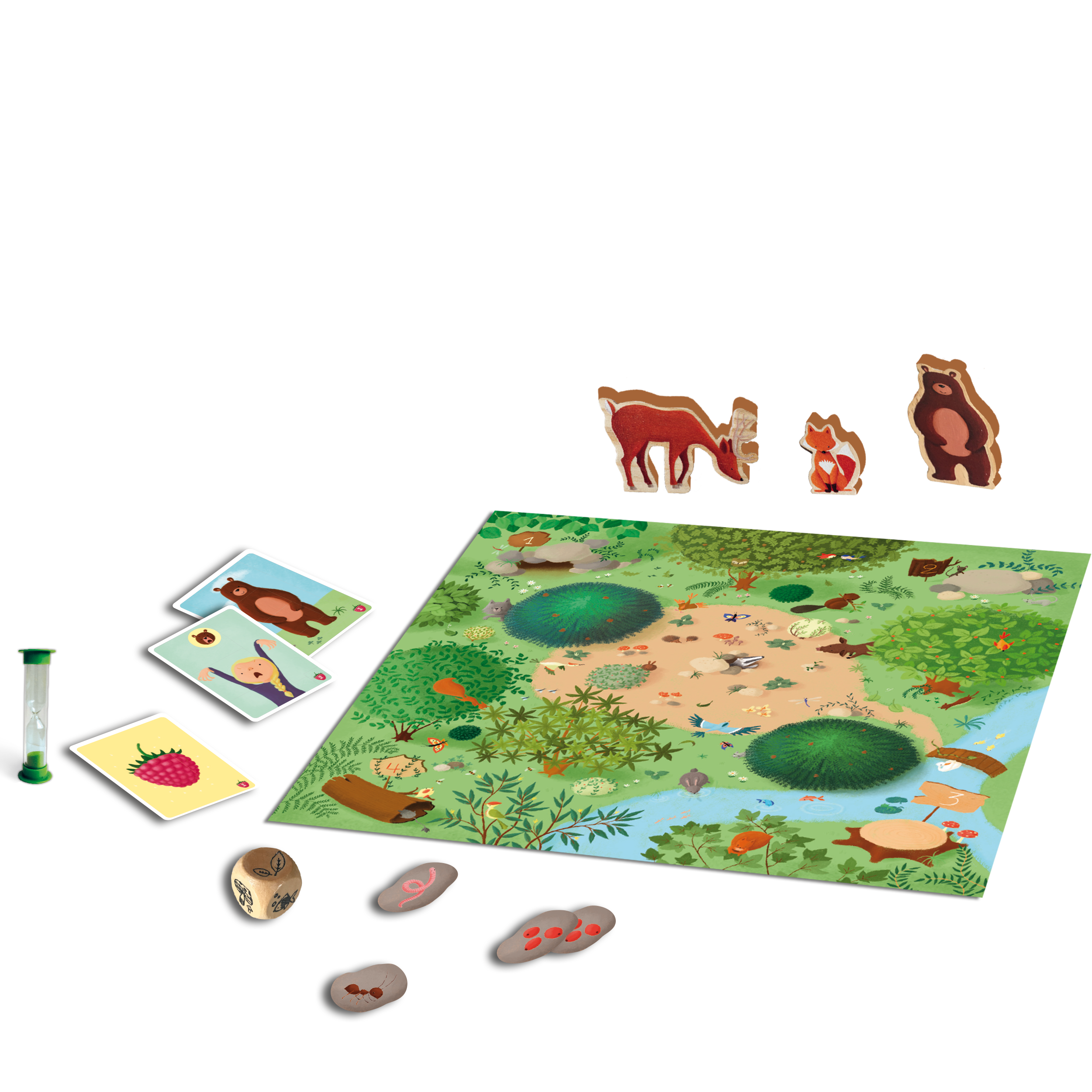 Erleben Sie „Auf die Plätze! Fertig? Essen!“ – ein Brettspiel mit Tiermarkern, Karten, einem Würfel, einer Sanduhr und einem bunten Spielbrett, auf dem Spieler Herausforderungen lösen, um während der Beerensaison Himbeeren zu gewinnen.