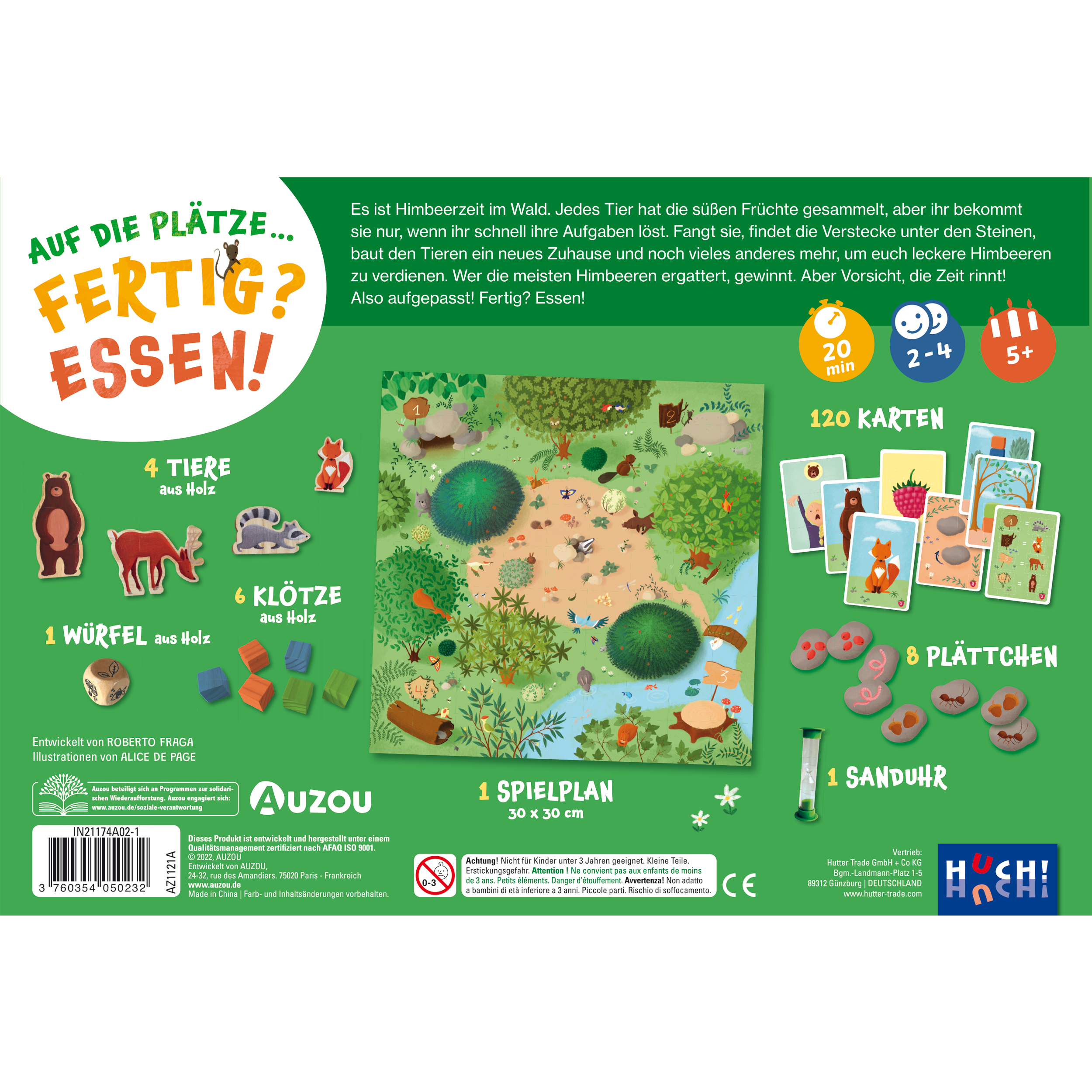 Das bunte Auf die Plätze! Fertig? Essen! Die Spielbox auf Deutsch enthält Tier- und Waldkunst, Karten und Komponenten – ideal, um während der Himbeerzeit Aufgaben zu lösen und Himbeeren zu gewinnen!.