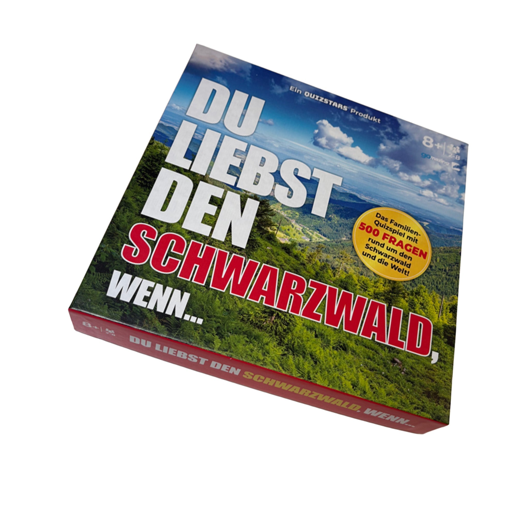 Verpackung des Spiels "Du liebst den Schwarzwald, wenn..." in rot-weiß und einem Schwarzwaldbild auf weißem Hintergrund