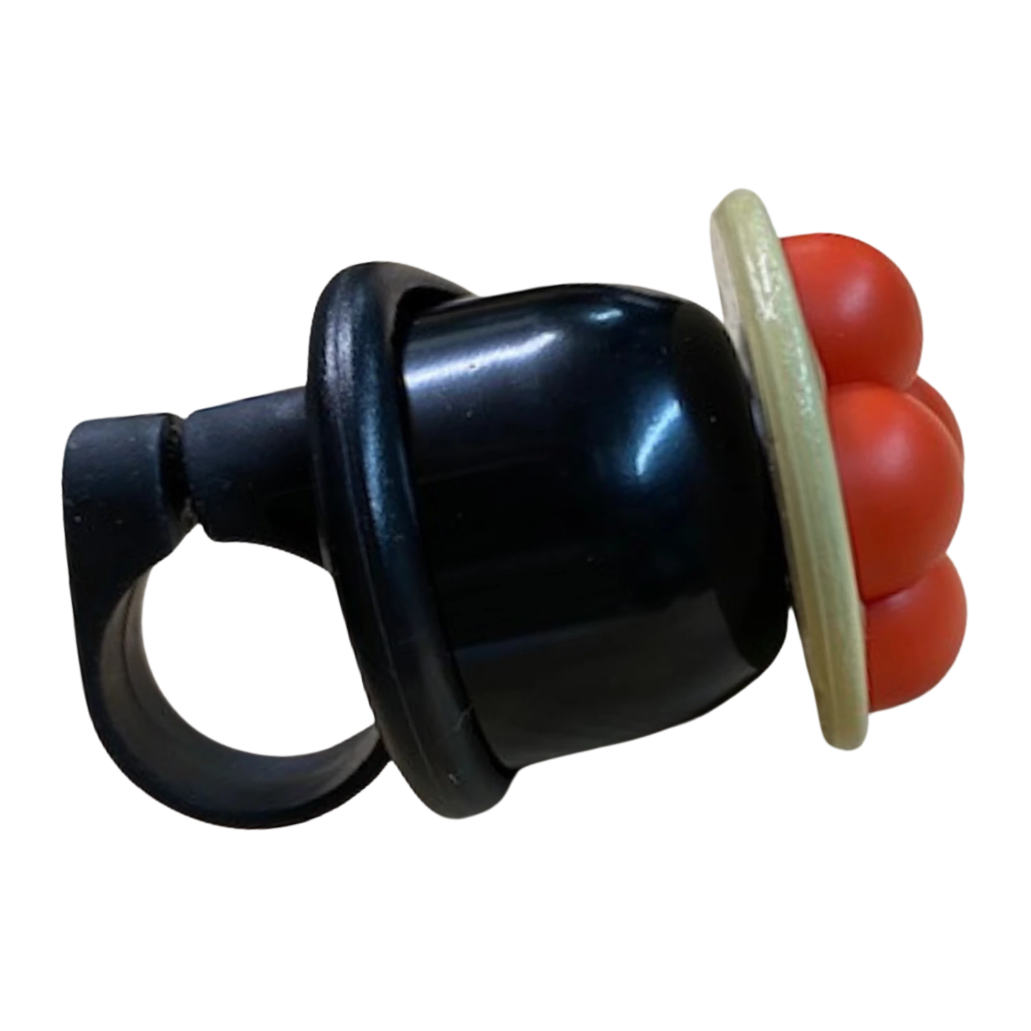 Fahrradklingel "Schwarzwald Bollenhut" mit roten bauchigen Akzenten, schwarzer Sockel.