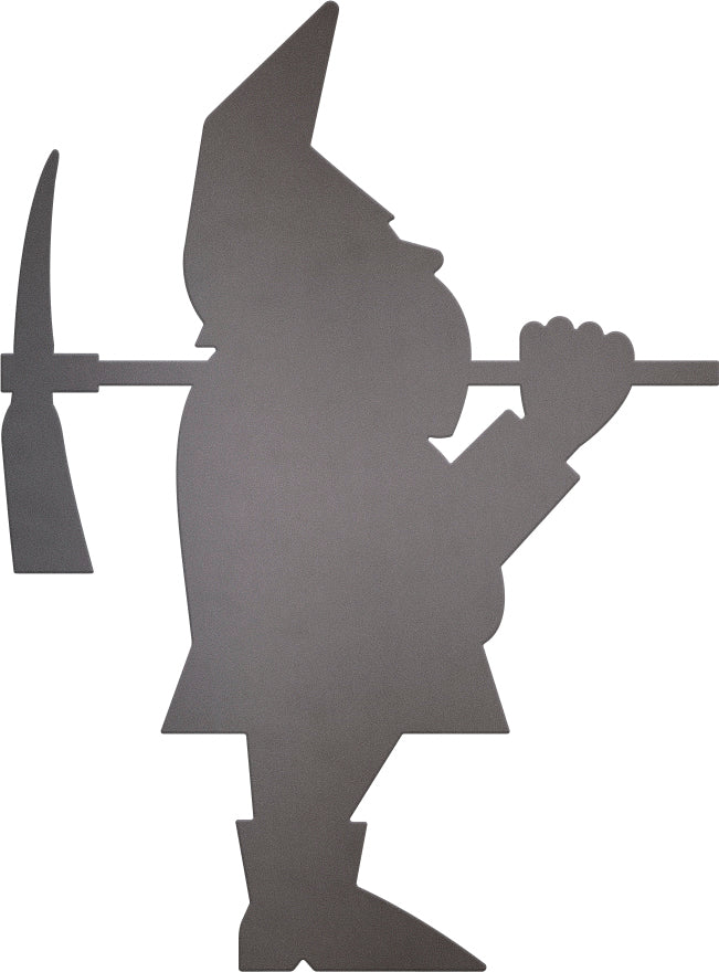 Silhouette eines laufenden Gartenzwergs mit einer Spitzhacke über der Schulter, ideal für Fans von Gartenfiguren und Gartenzwergen.