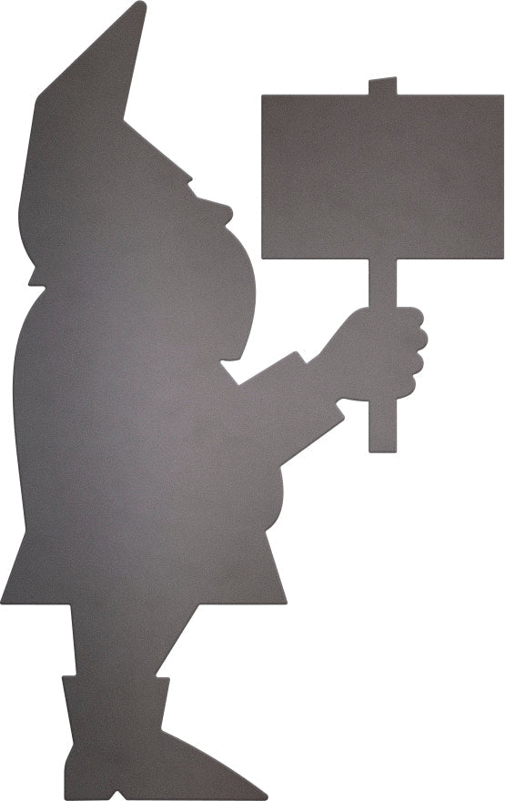 Gartenzwerg-Silhouette, die mit beiden Händen ein rechteckiges Schild hält und nach links blickt – ideal für Fans einzigartiger Gartenfiguren und klassischer Gartenzwerg-Dekoration.