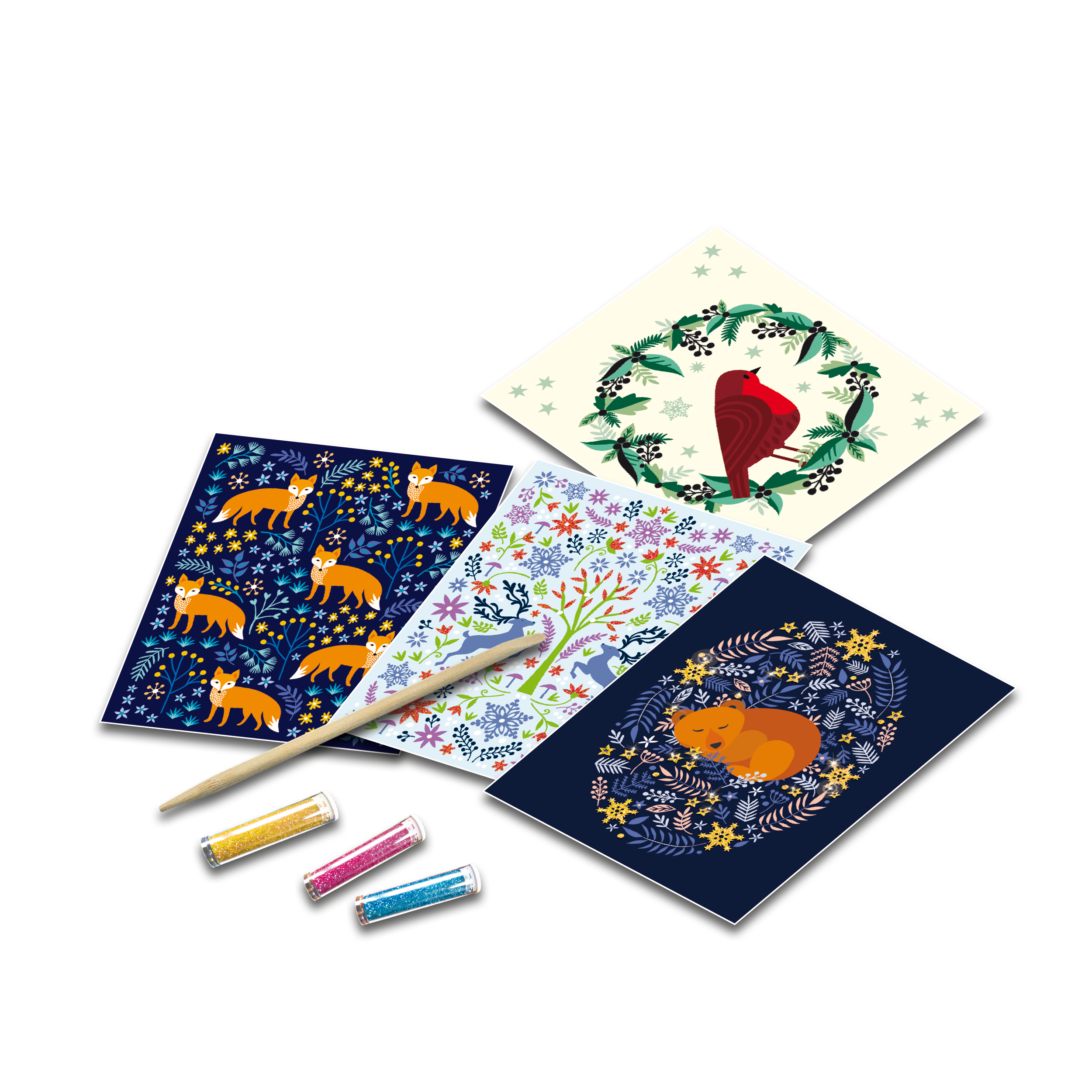Das Set „Meine Glitzerkarten – Verzauberte Natur“ beinhaltet vier illustrierte Tierkunstkarten, einen Bleistift und vier Glitzertuben für ein wunderbares Kreativerlebnis auf schwarzem Untergrund.