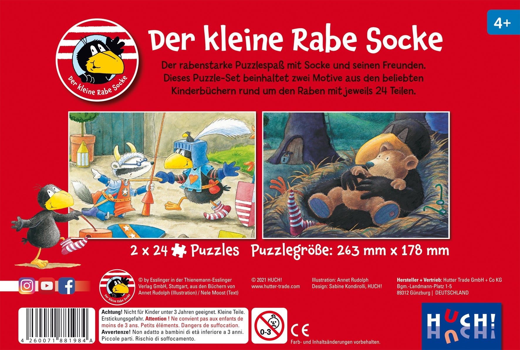 Das Set „Der kleine Rabe Socke – Puzzle 2x24 Teile“ beinhaltet zwei Puzzles: eines mit Rabe Socke und Freunden beim Malen und eines mit dem schlafenden Raben, beide mit rotem Hintergrund.