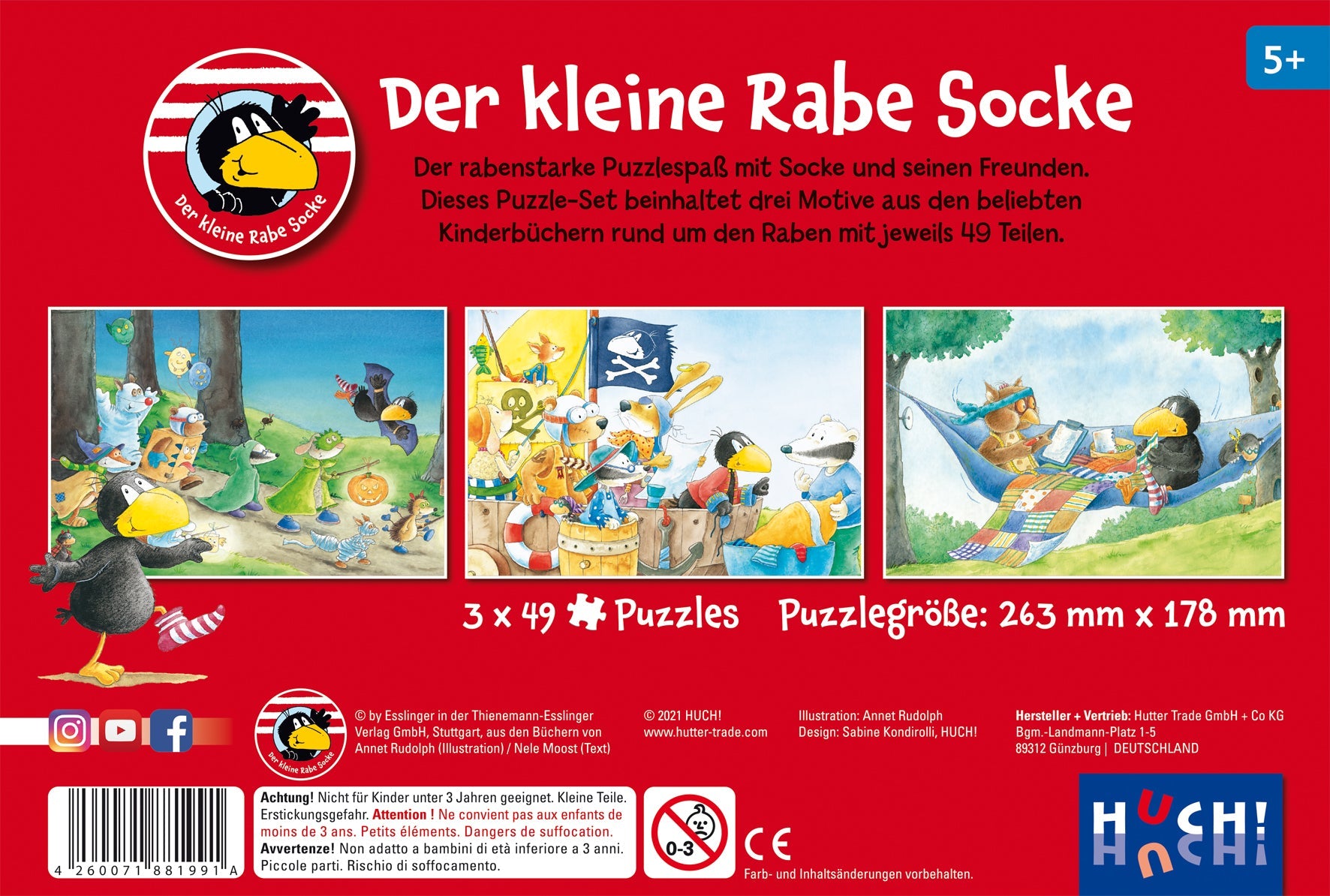 Box für Der kleine Rabe Socke - Puzzle 3x49 Teile mit drei illustrierten Szenen mit dem kleinen Raben, der Kinderfreundschaft und seinen Freunden.