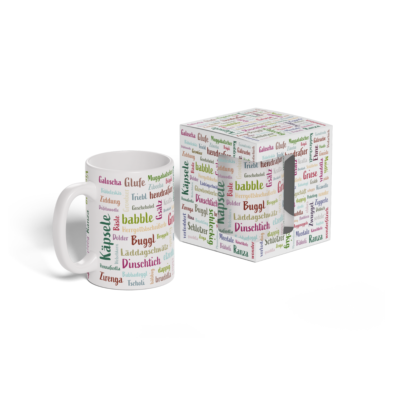 Die Mundart-Tasse besteht aus einer weißen Tasse und einer dazu passenden Box, beides verziert mit bunten, verspielten Sprüchen in verschiedenen Schriftarten – ideal für alle, die die Schwabenländer Landessprache lieben.