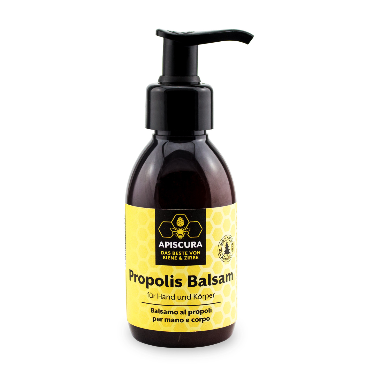 Eine Flasche Propolis Balsam für Hand und Körper mit Pumpspender und gelbem Etikett, ideal zur wohltuenden Pflege und Hautpflege von Händen und Körper.