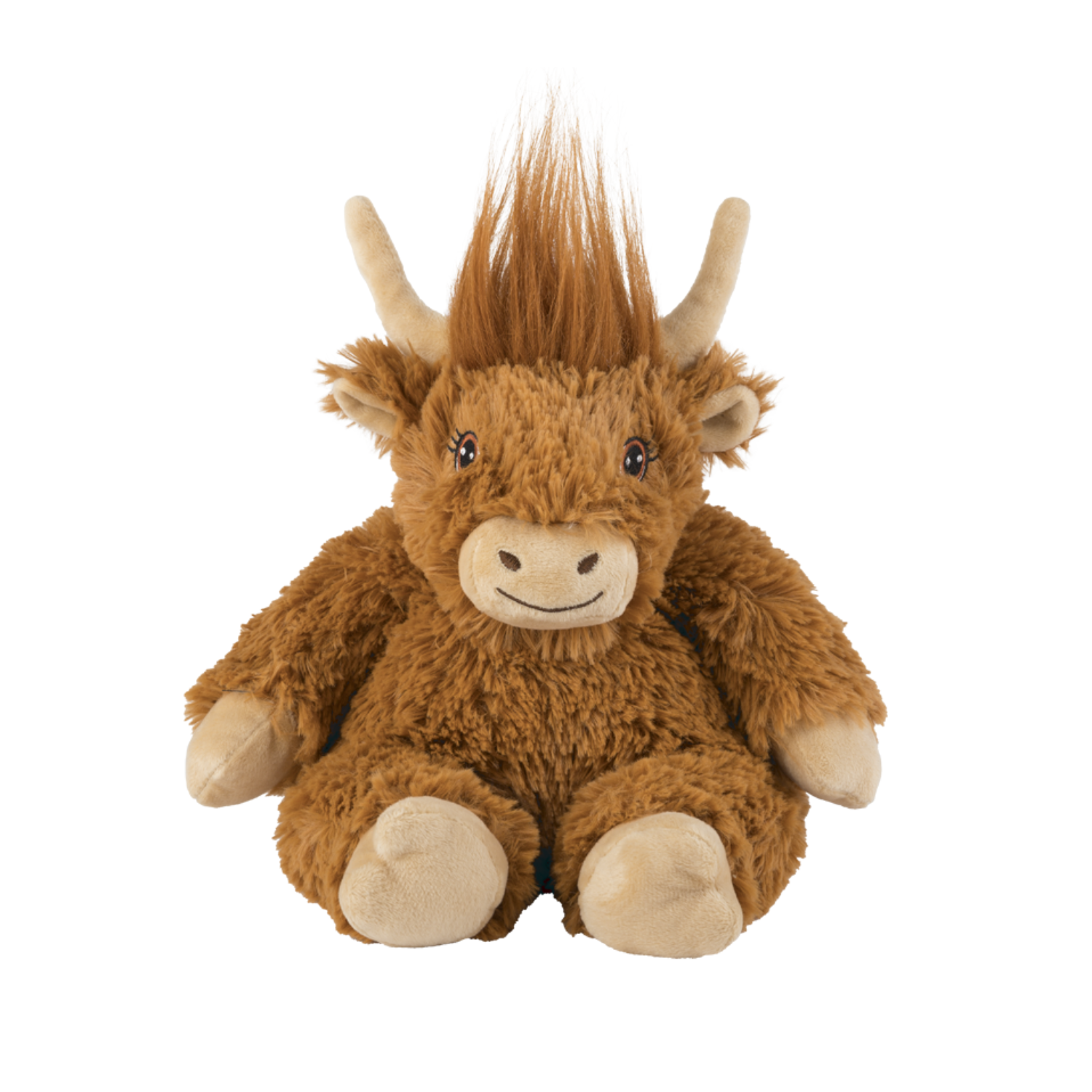 Das WARMIES® Hochlandrind ist ein Plüschkuhspielzeug mit langem braunem Fell, cremefarbenen Füßen, einem aufrecht stehenden, flauschigen Haarbüschel und einem beruhigenden Lavendelduft für zusätzlichen Komfort.