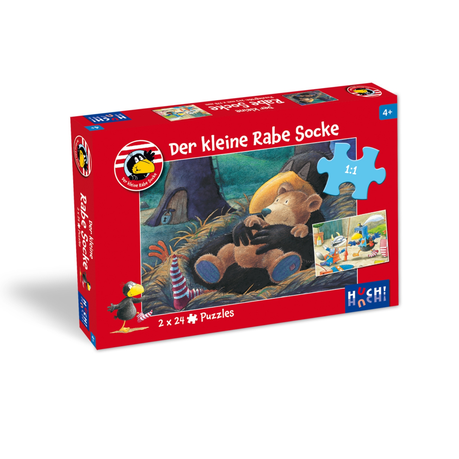 Rote Puzzlebox mit „Der kleine Rabe Socke – Puzzle 2x24 Teile“ mit der beliebten Kinderfigur in Socken. Ideal für Puzzle-Fans und die bezaubernden Rabe-Socke-Geschichten.