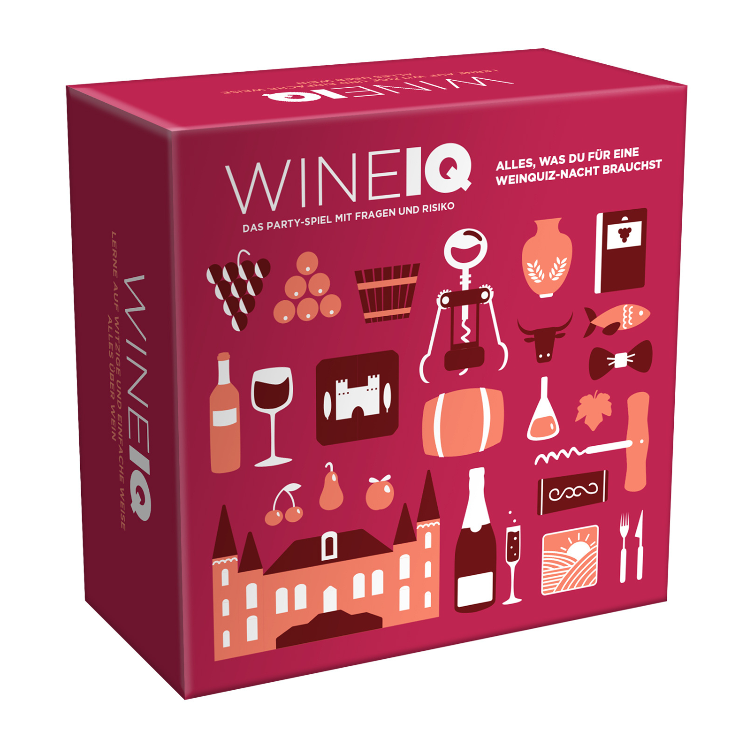 Wine IQ-Brettspielbox mit Quizkarten, Multiple-Choice-Antworten und einem Wertungsbogen auf weißem Hintergrund.