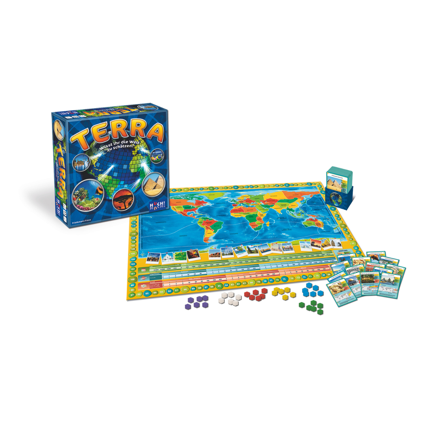 Entdecken Sie Terra, das Brettspiel mit Weltkarte, Karten, farbigen Spielsteinen und Spielbox – erkunden Sie in diesem aufregenden globalen Abenteuer berühmte Sehenswürdigkeiten wie den Burj Khalifa.