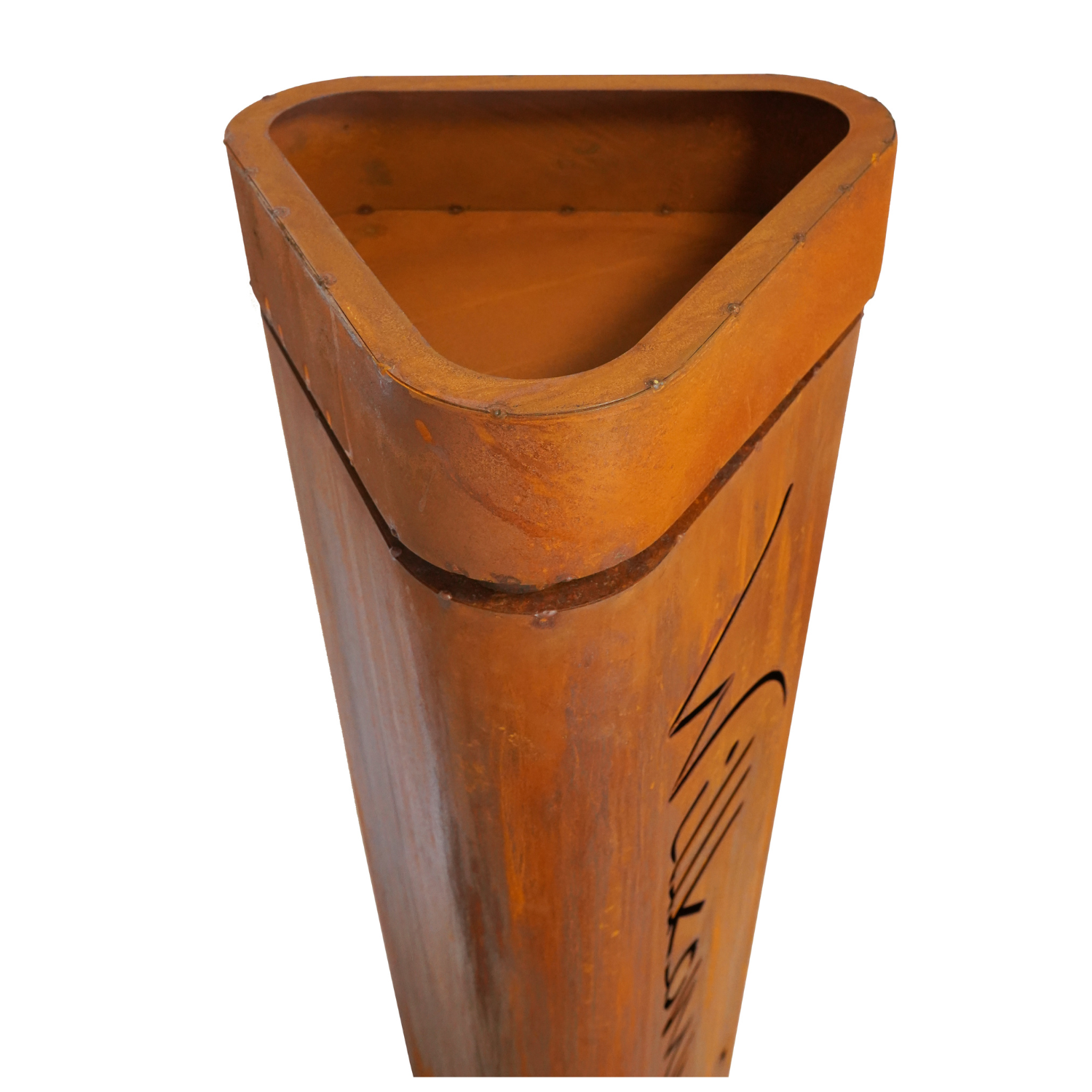 Edelrost Pflanzsäule Willkommen mit Schale und seitlicher Gravur.