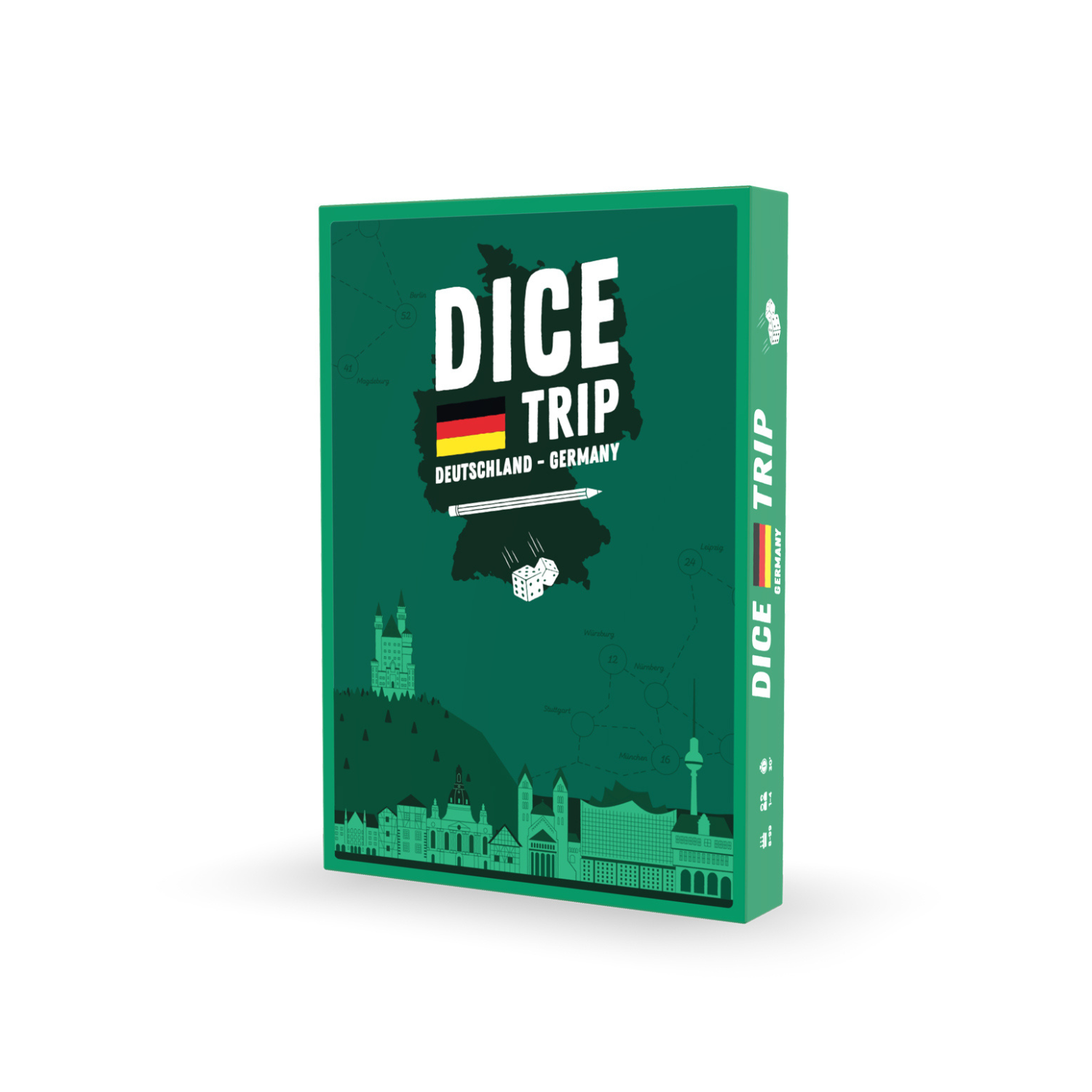 „Dice Trip Deutschland“ ist ein Brettspiel in einer grünen Box, ein geografisches Roll-and-Write-Abenteuer mit deutschen Sehenswürdigkeiten, Würfelgrafiken und aufregenden Reisekombinationen, die es zu entdecken gilt.