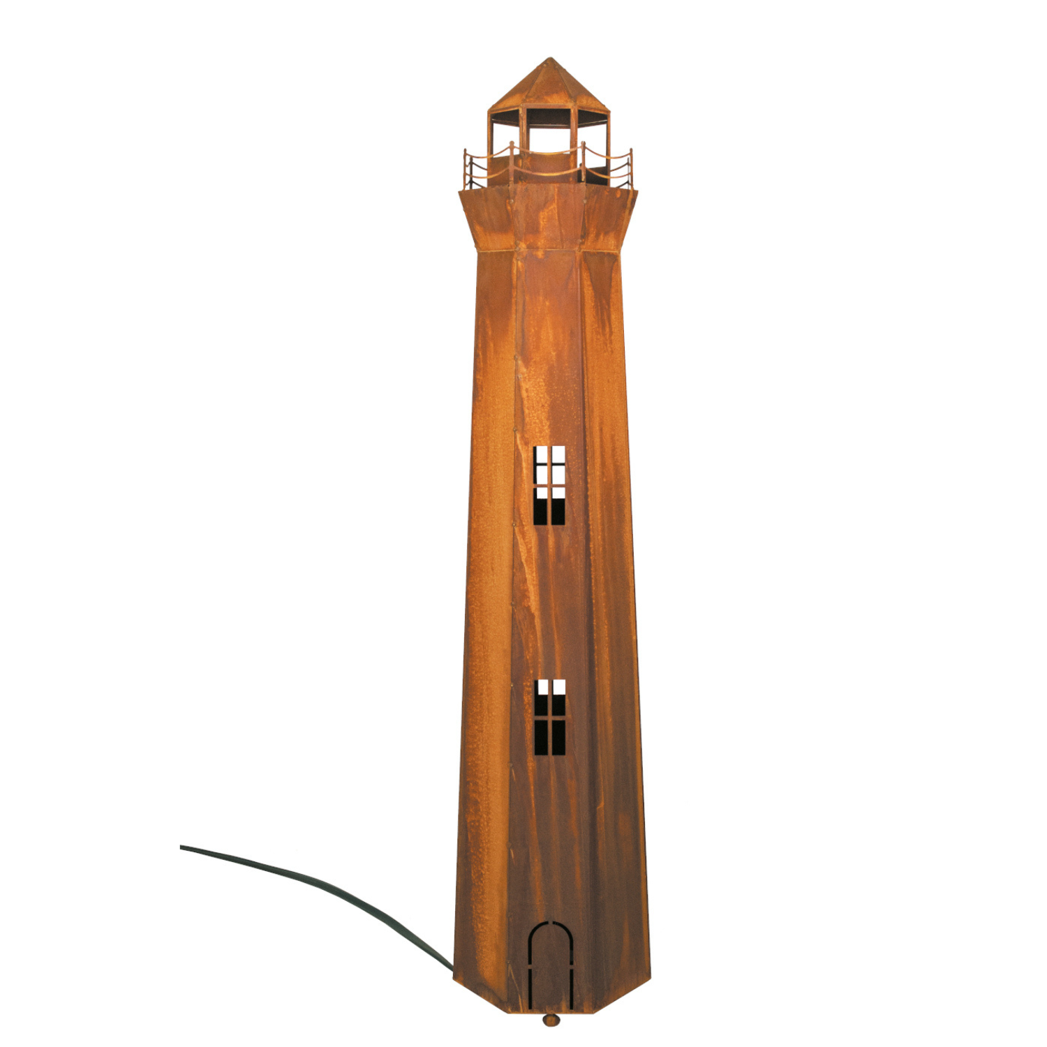 Großer Edelrost-Leuchtturm mit Beleuchtungssatz, Fenster und Kabel.