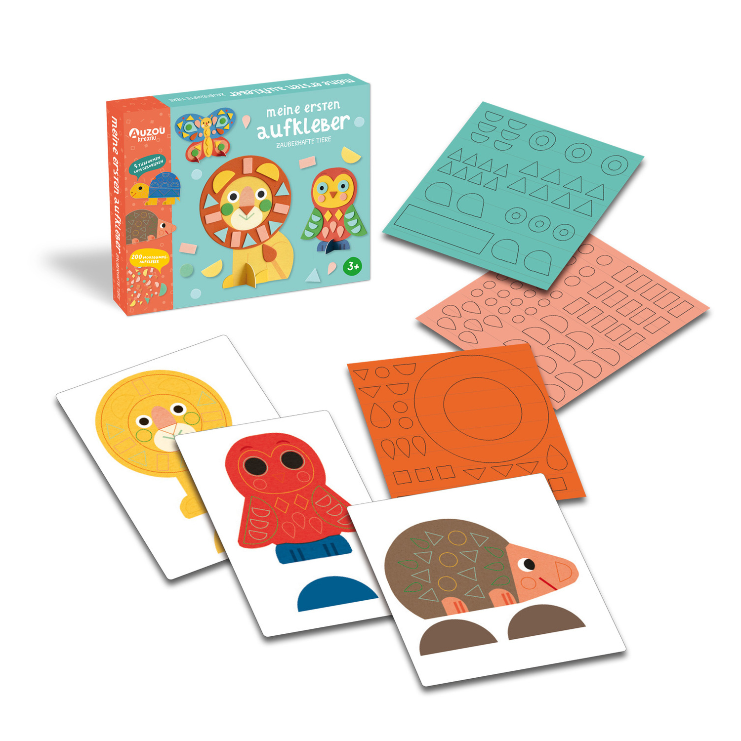 Das Set „Meine ersten Aufkleber – Zauberhafte Tiere“ enthält Tierkarten, bunte Schaumstoffaufkleberbögen und eine Box mit der Aufschrift „Meine ersten Aufkleber“ für kreativen Spaß mit niedlichen Tieren!.