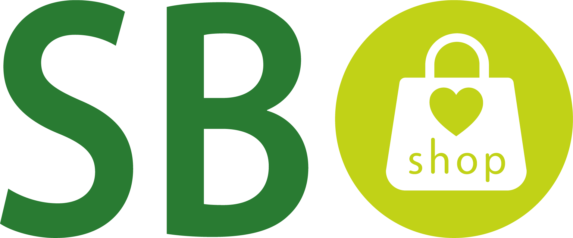 Grüne SB und eine Einkaufstasche mit einem Herz und einem Geschäft in einem Limettenkreis.