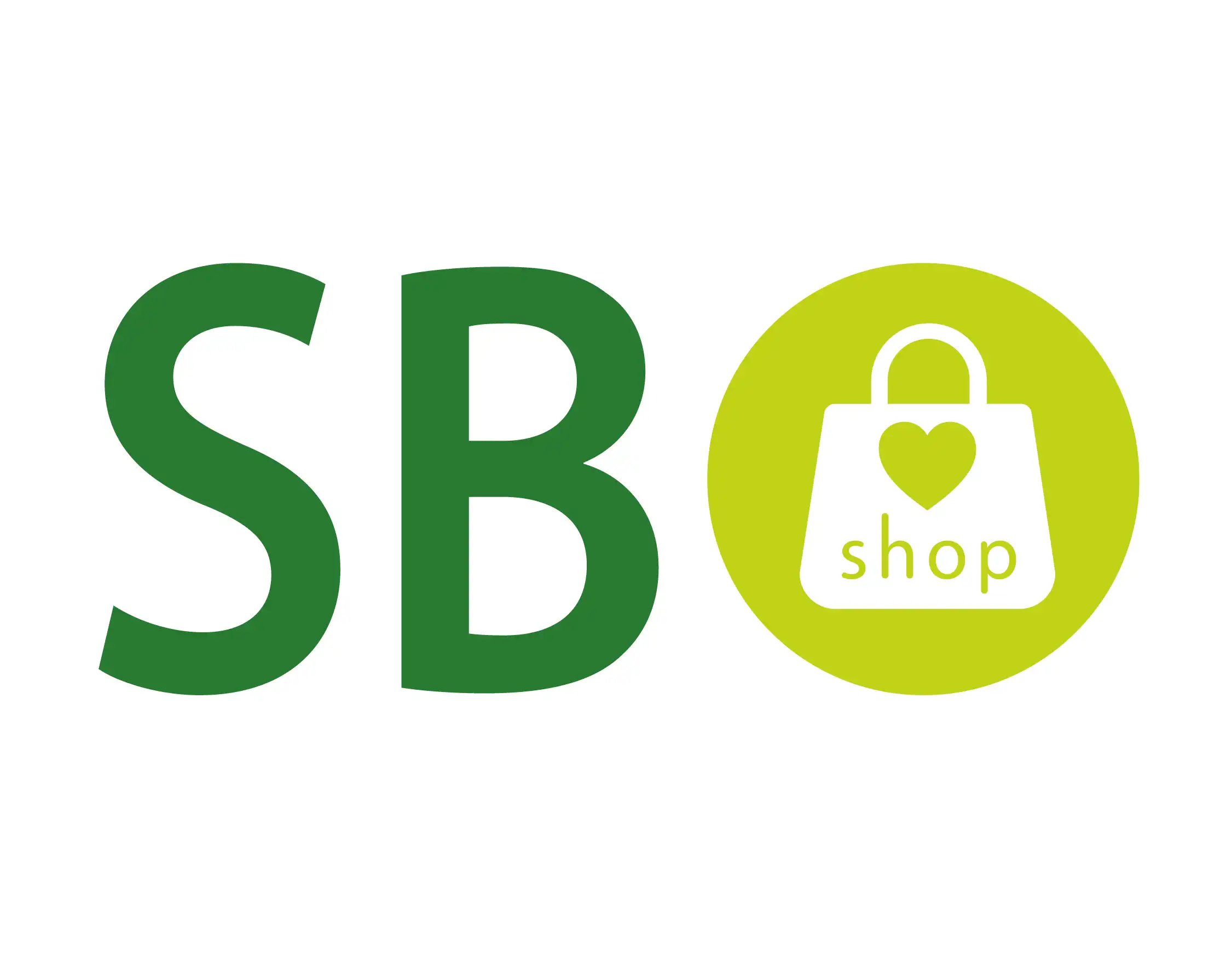 Grüner SB-Text und ein Einkaufstaschen-Symbol mit Shop auf einem gelb-grünen Kreis.