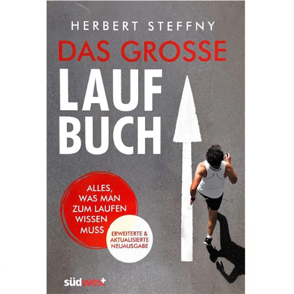 Buchcover für „Das Große Laufbuch“ von Herbert Steffny, das einen Fitnessläufer von oben auf einer Laufbahn mit einem großen weißen Pfeil zeigt.