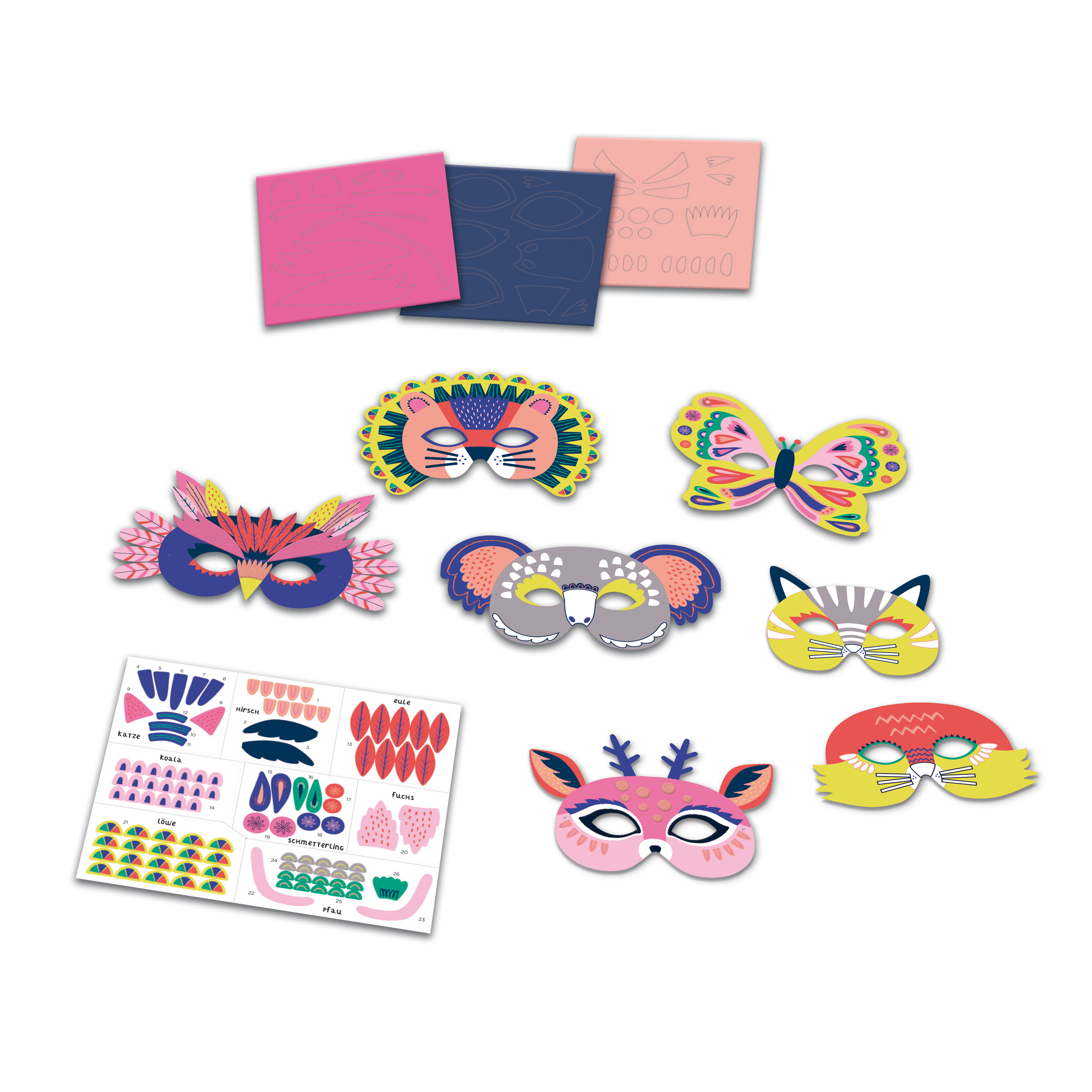 Meine Tiermasken zum Verzieren: Bunte Tier- und Schmetterlingsmasken, Filzsticker, Stickersheet und Schablonen für's Basteln auf schwarzem Hintergrund arrangiert.