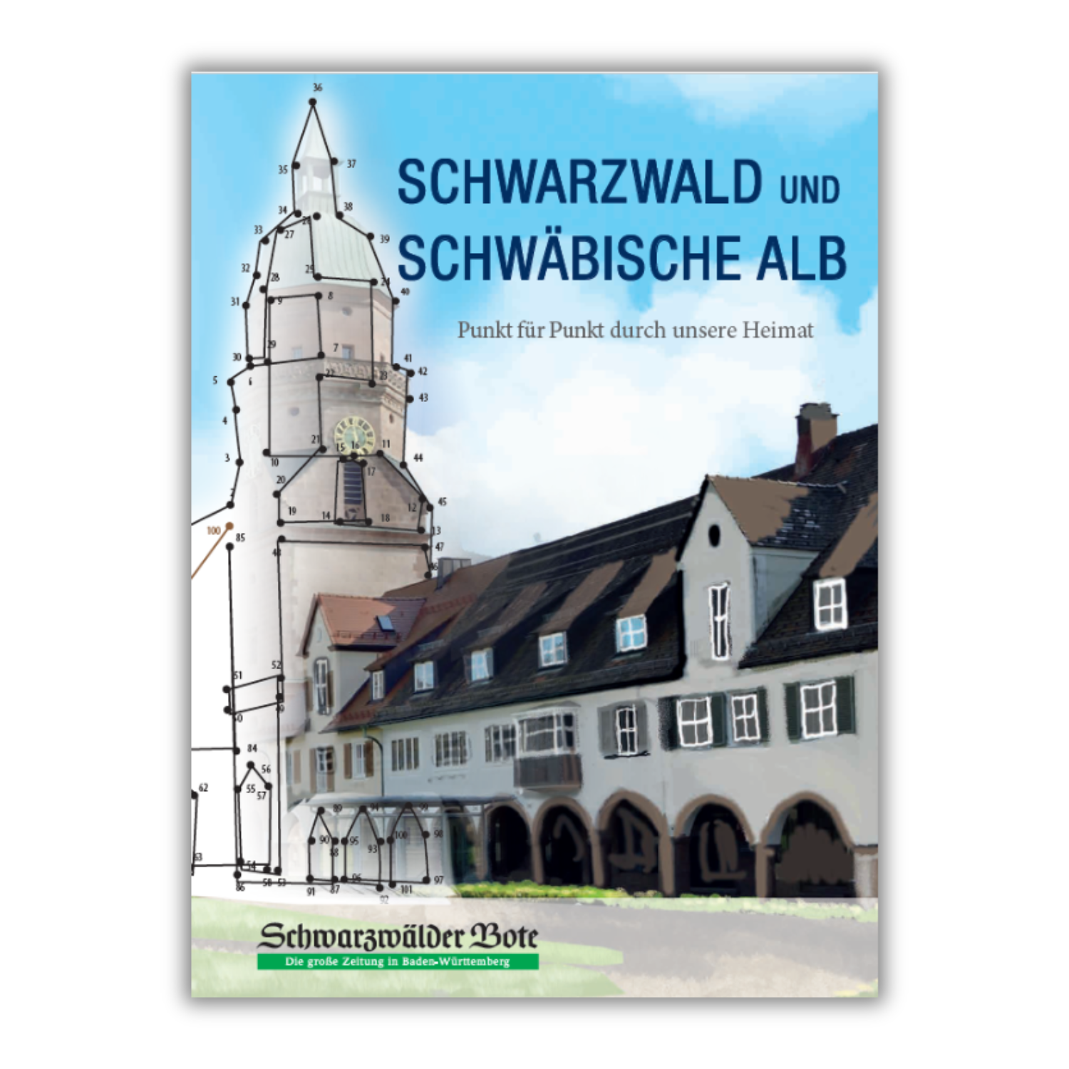 Illustriertes Cover des Punkt für Punkt-Malbuchs Schwarzwald + Schwäbische Alb mit einem Gebäude und einem Uhrturm, mit Kunstwerken berühmter Sehenswürdigkeiten im Schwarzwald und der Schwäbischen Alb.