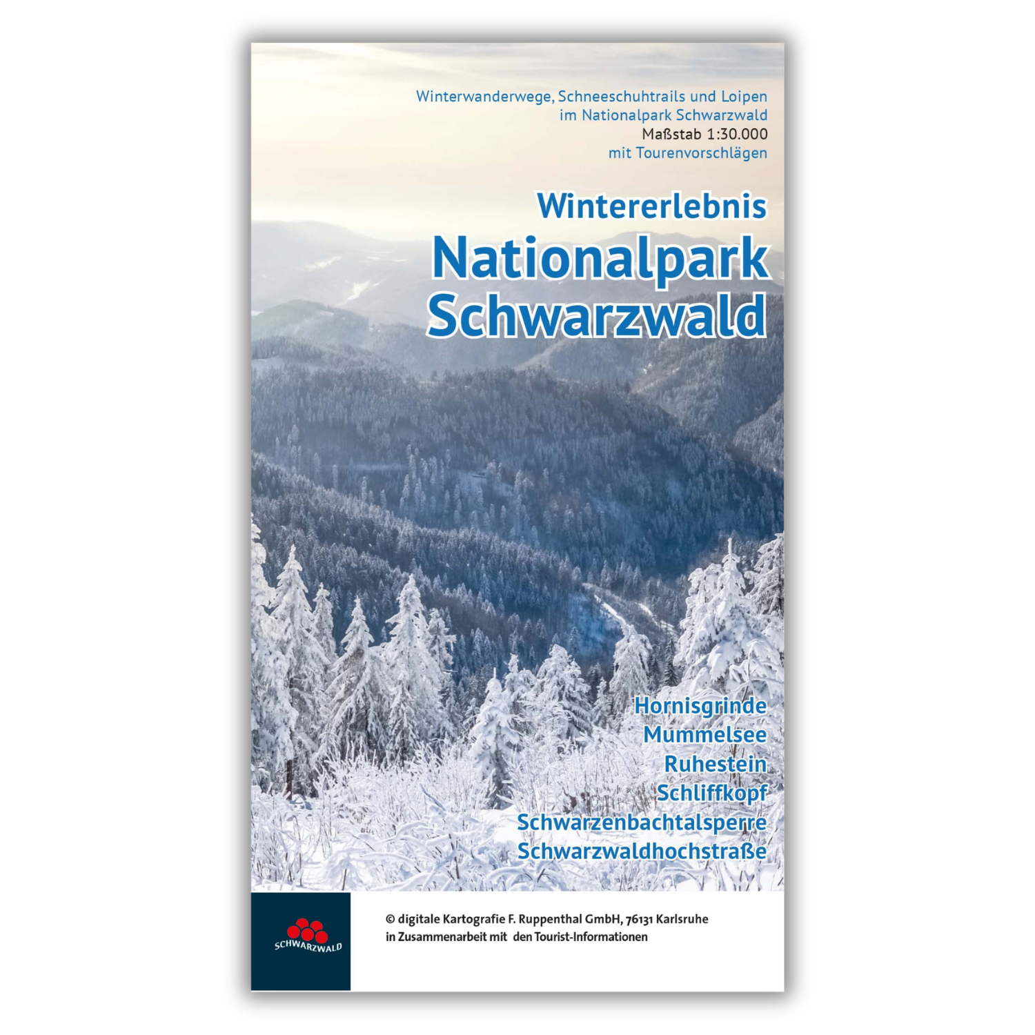 Entdecken Sie verschneite Wälder und Gipfel mit der Wanderkarte „Wintererlebnis Nationalpark Schwarzwald“ mit Schneeschuhtouren und inspirierenden Winterwanderbeschreibungen in diesem atemberaubenden Winterwunderland.