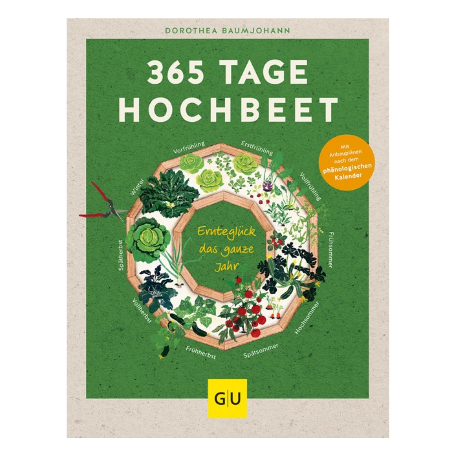 Cover von 365 Tage Hochbeet mit illustriertem Hochbeet, saisonalen Tipps zur Gemüseernte und praktischen Anbauplänen.