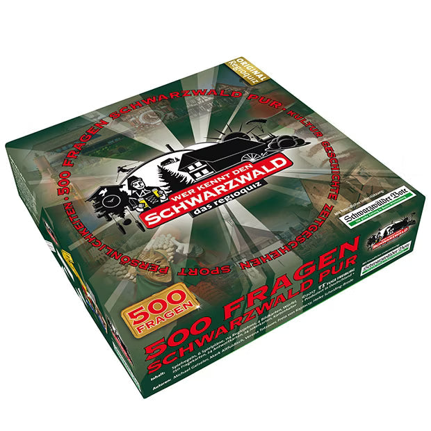 Das Schwarzwaldspiel „Wer kennt den Schwarzwald?“ ist eine grüne Brettspielbox mit Schwarzwald-Motiven – mit diesem Quiz in limitierter Auflage können Sie die Wunder der Region mit spannenden Fragen erkunden.