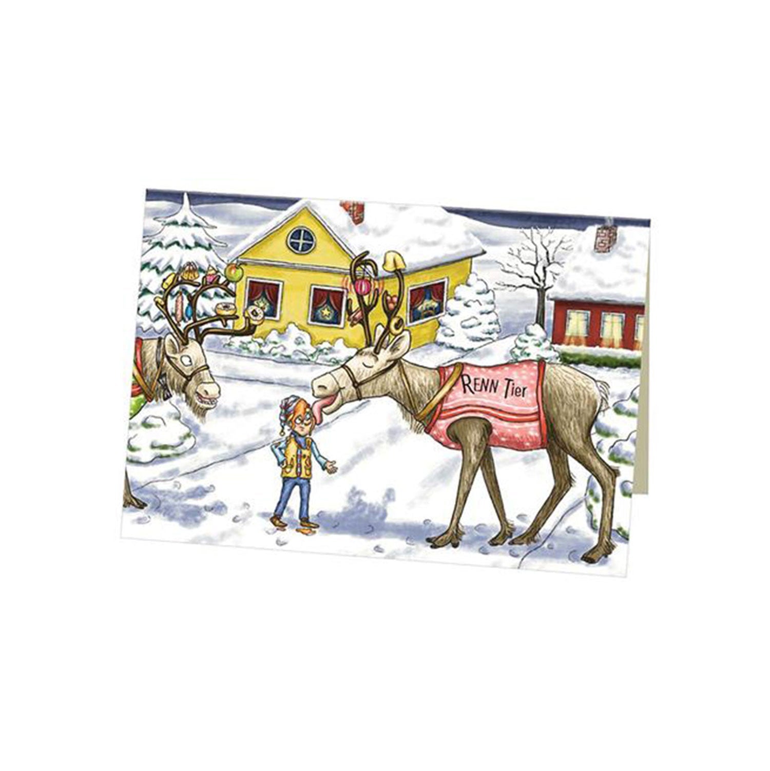 Die Szene „Wichtelige Weihnachten“ zeigt den Weihnachtsmann mit zwei Rentieren vor verschneiten Häusern. Ein Rentier trägt einen rosa Sattel mit der Aufschrift „RENN Tier“. Dick eingepackt hält es eine Leine inmitten verschneiter Bäume und Wolken und erinnert damit an eine beliebte Weihnachtsgeschichte.