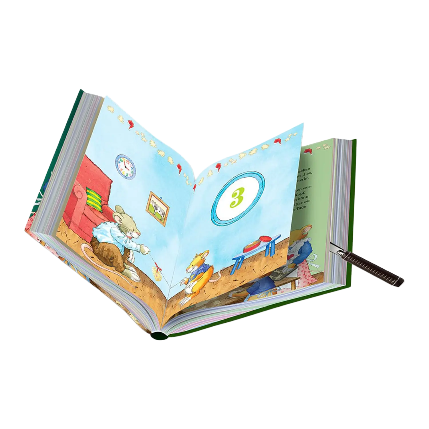 Leo Lausemaus - Mein Adventskalenderbuch öffnet sich zu einer bunten Mäuseseite.