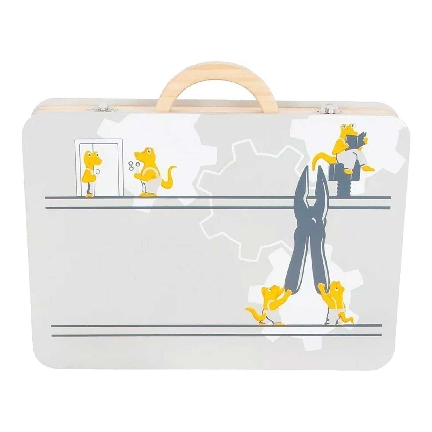 Grauer Koffer mit Cartoon-Mäusen und Holz Werkzeugkoffer für Kinder ab 3 Jahren.