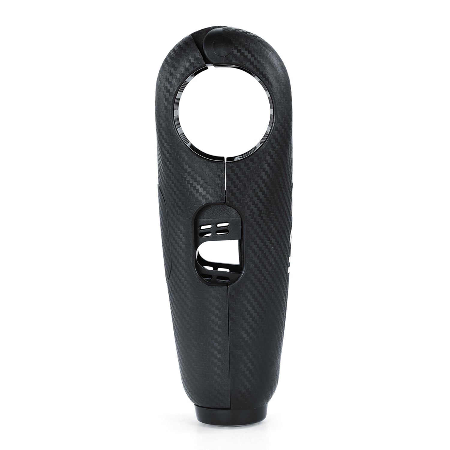 Ein schwarzes, strukturiertes Handgerät mit runder Öffnung oben und kleinem rechteckigen Ausschnitt vorne in Carbonfaseroptik. Das aufrecht stehende Gerät verfügt über ein integriertes Alarmschloss für verbesserten Diebstahlschutz für Zweiräder/Fahrräder.