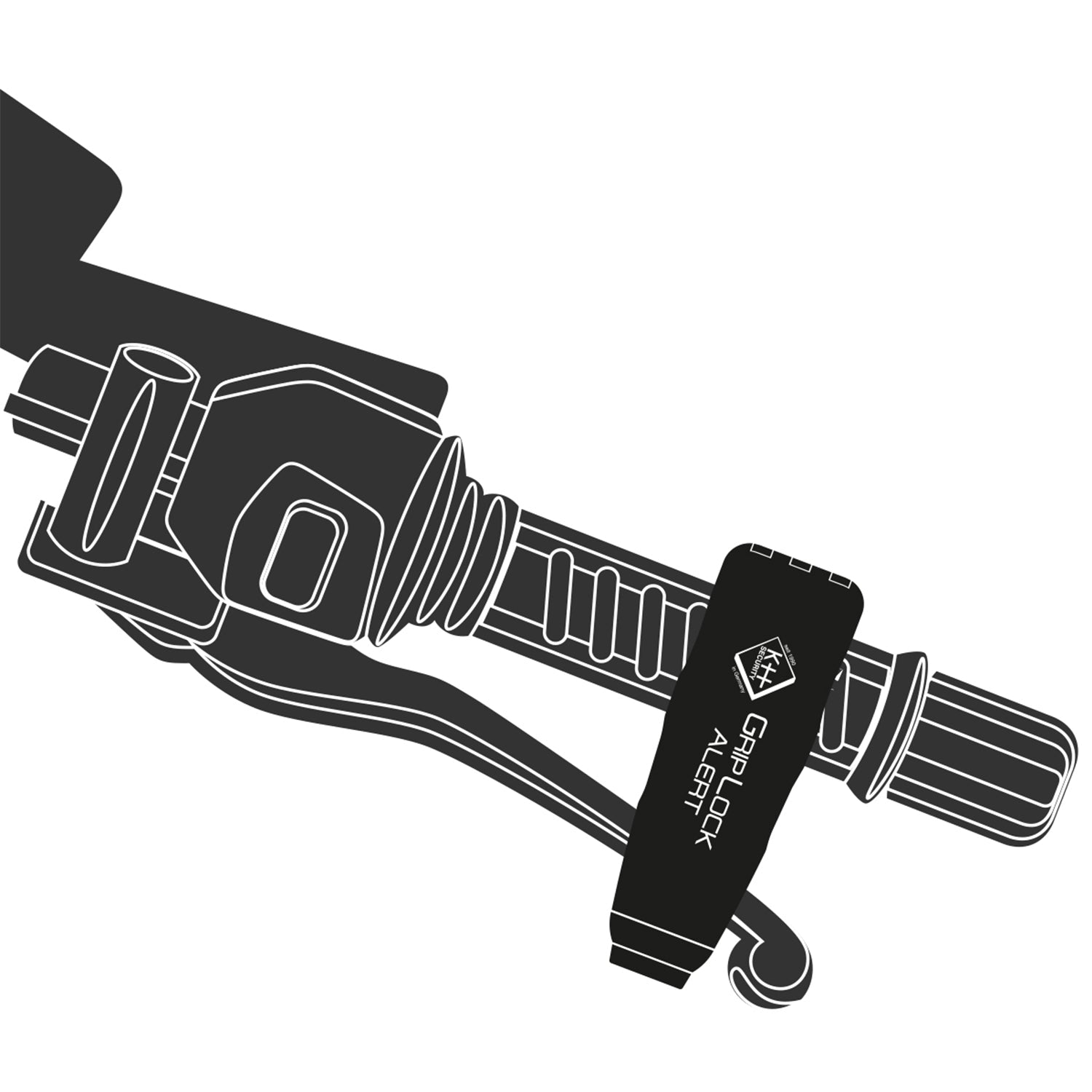 Abbildung eines Fahrradlenkers mit der Sicherheitsvorrichtung Alarm-Schloss für Zweiräder/Fahrräder zum Diebstahlschutz am Bremshebel. Der Lenker verfügt über einen strukturierten Griff und der Hebel ist leicht gezogen, was die Sicherheit des Fahrrads erhöht.