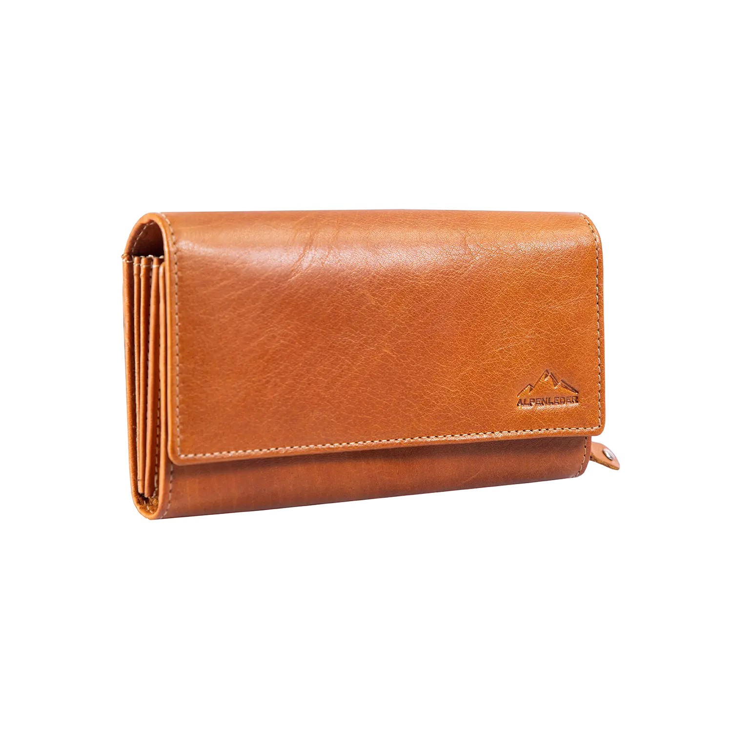 Hellbrauner Geldbeutel für Damen aus Leder mit geprägtem Berglogo auf der Vorderseite.