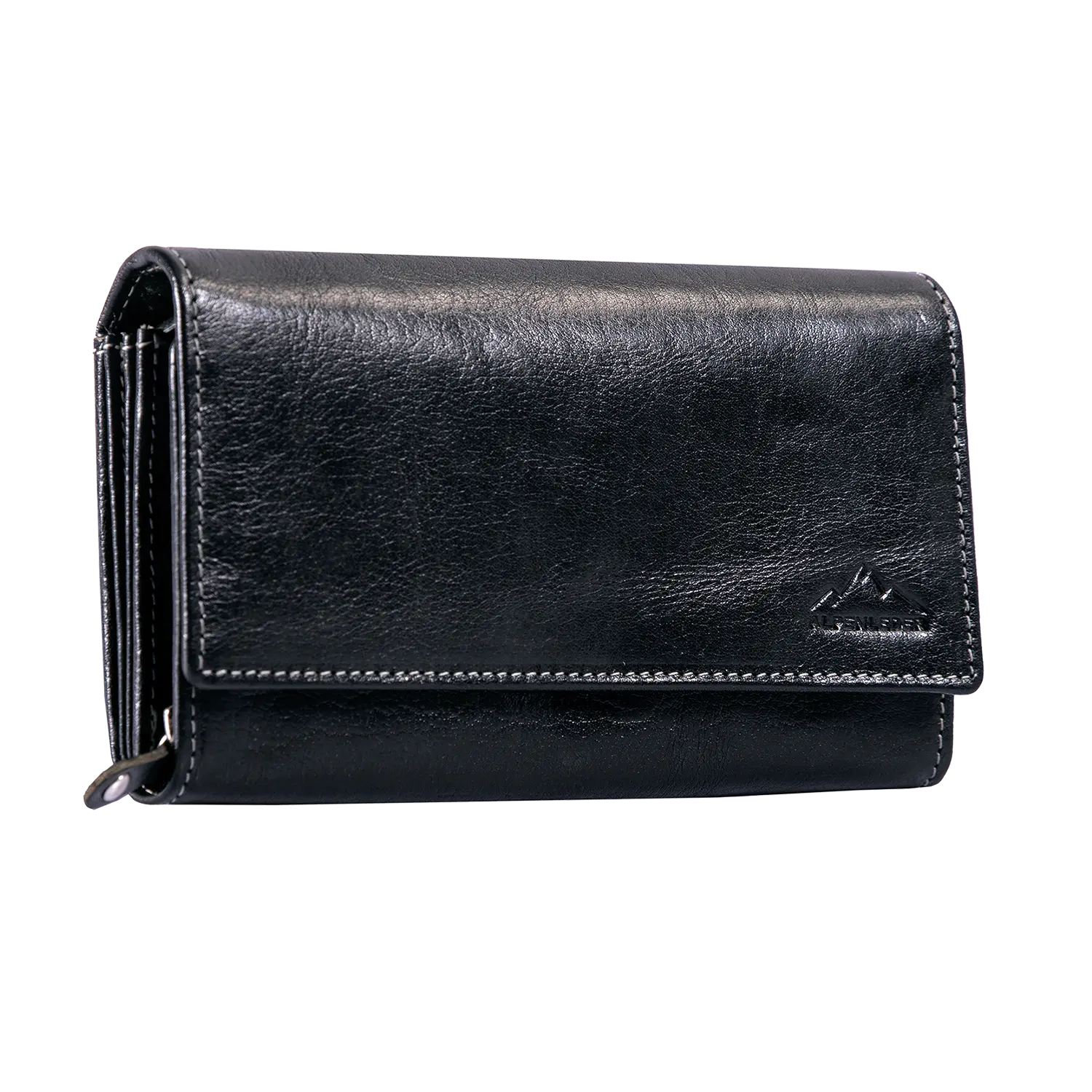 Schwarzer Damengeldbeutel EDELWEISS aus Büffelleder mit RFID-Schutz.