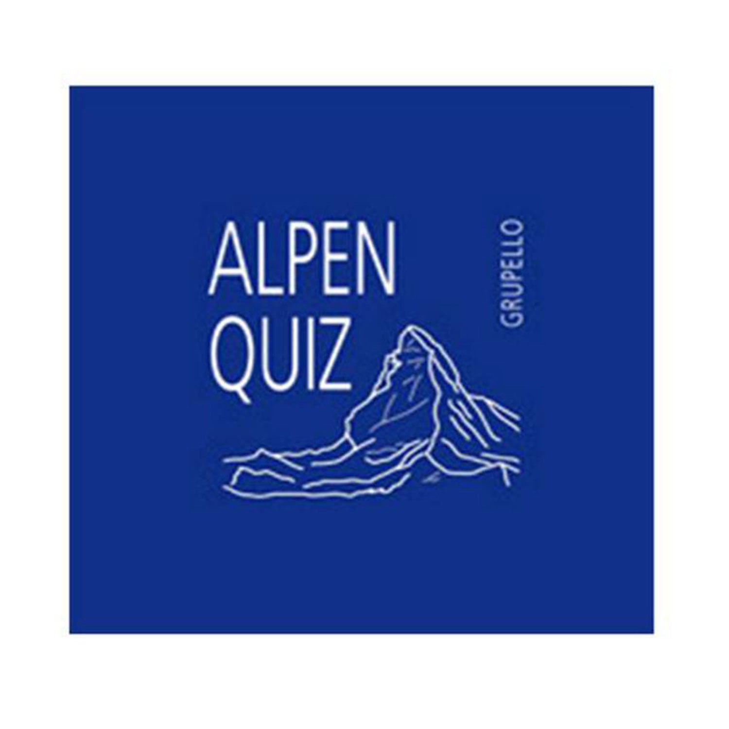 Das Bild zeigt ein blaues Quadrat mit der weißen Schrift „ALPEN-QUIZ“ neben einer einfachen Berglinienzeichnung und dem vertikal rechts ausgerichteten Wort „GRUPPELLO“, das die Essenz der Alpenregion einfängt.